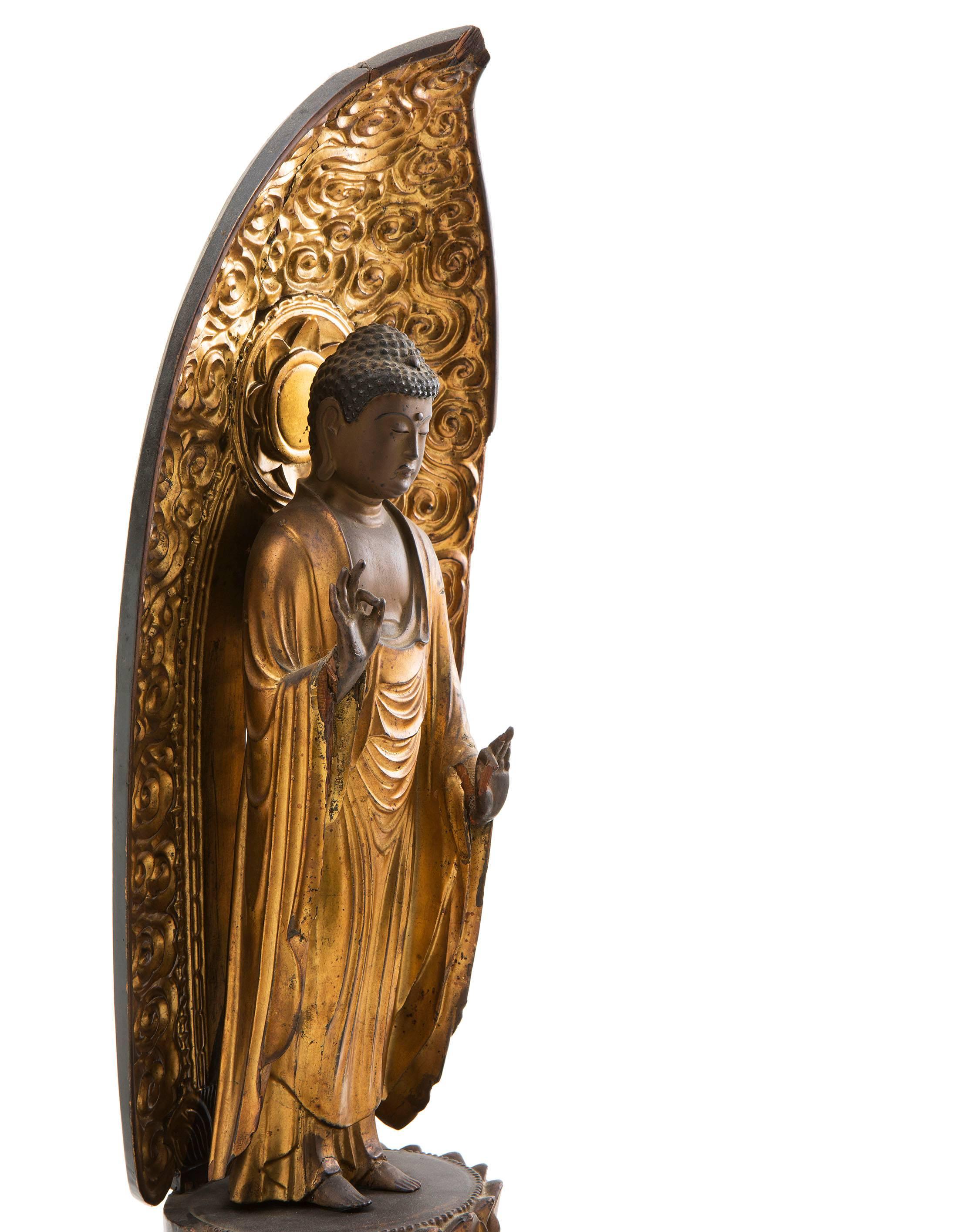 Japanese Carved Gilded Wood Standing Amida Buddha For Sale