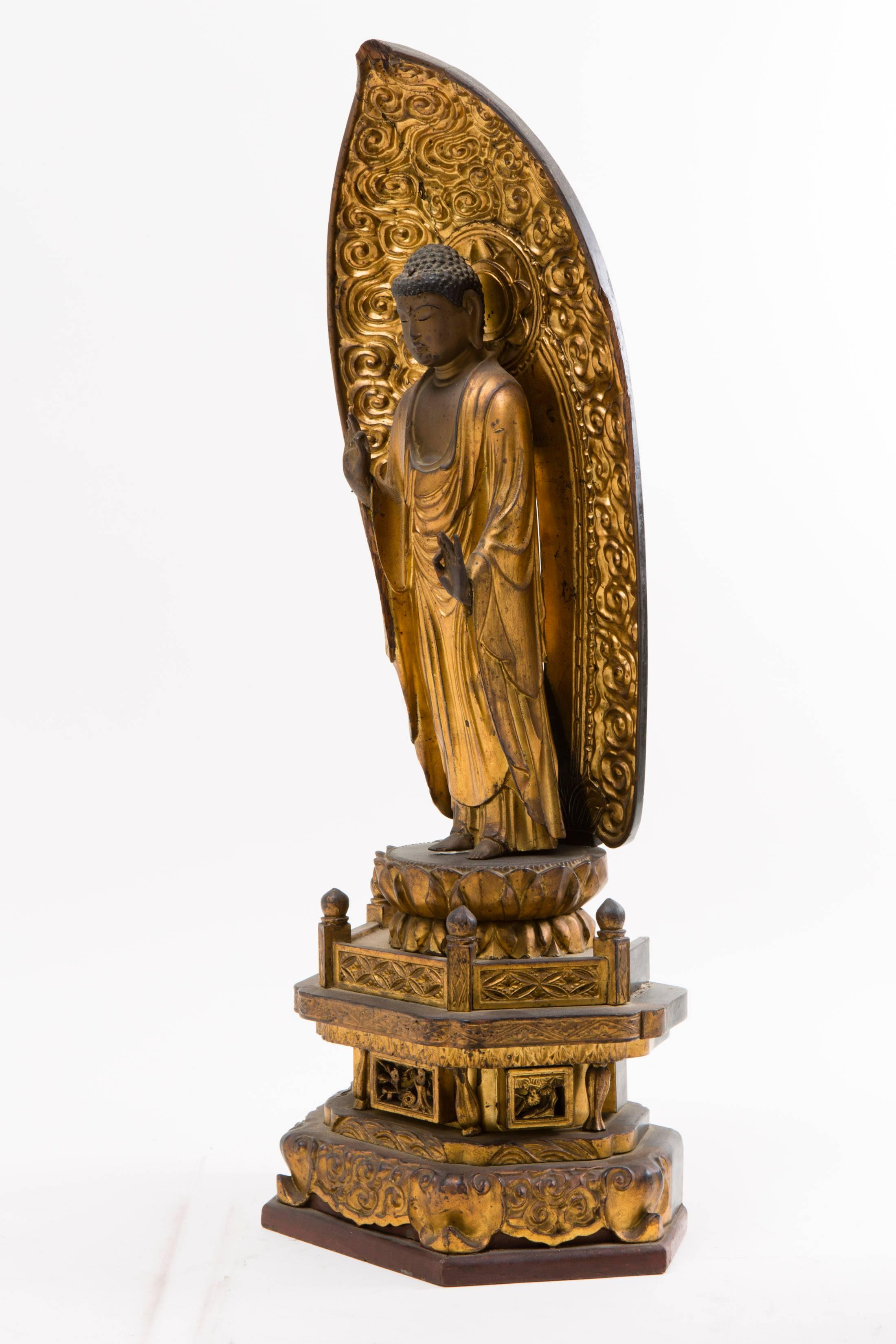 18th Century and Earlier Carved Gilded Wood Standing Amida Buddha For Sale