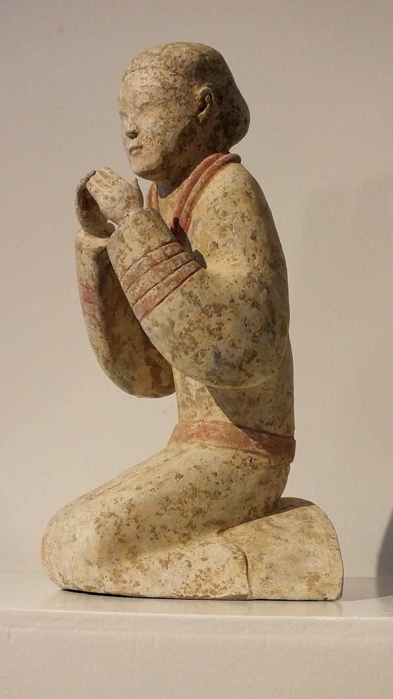 18th Century and Earlier Fine Painted Grey Pottery Kneeling Entertainer