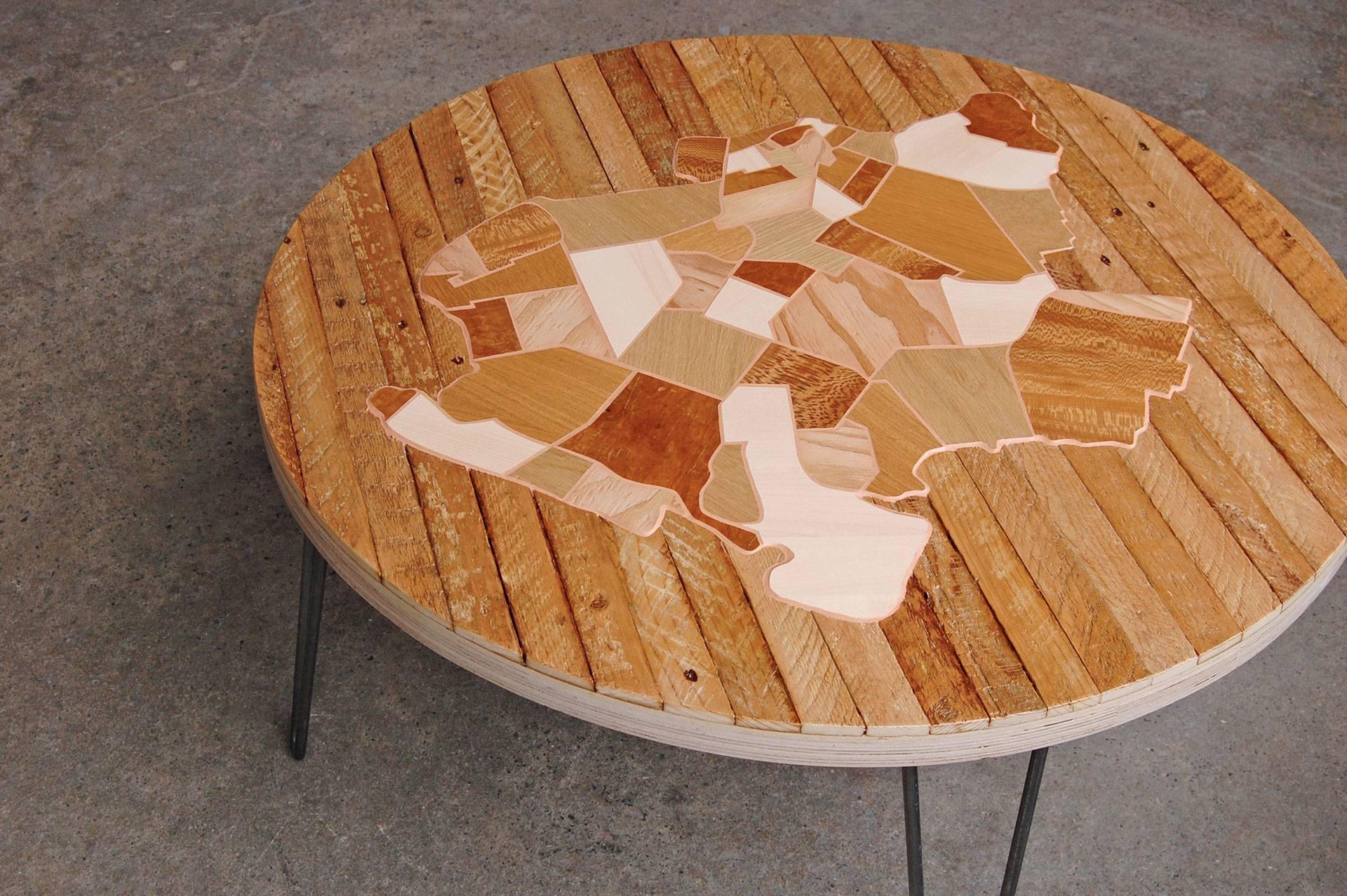 Organic Modern Reclaimed Wood Brooklyn Map Marquetry Coffee Table For Sale