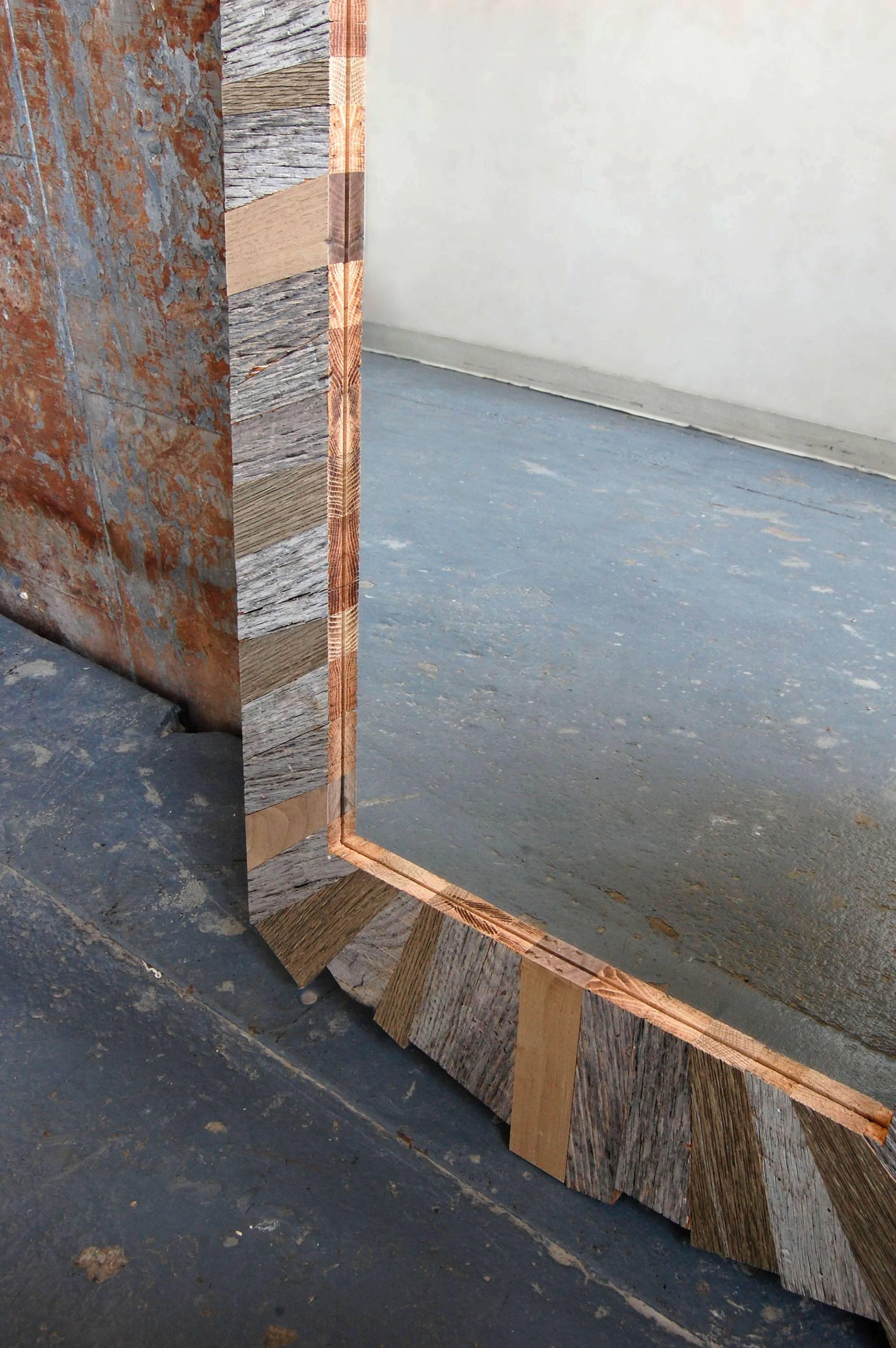 Full-height / full-length mirror with wooden frame crafted from reclaimed wood. Rustic, organic sunburst style design handmade by Gregoire Abrial in Brooklyn as part of the Parquet Series. Can be hung vertically and horizontally. This style of frame