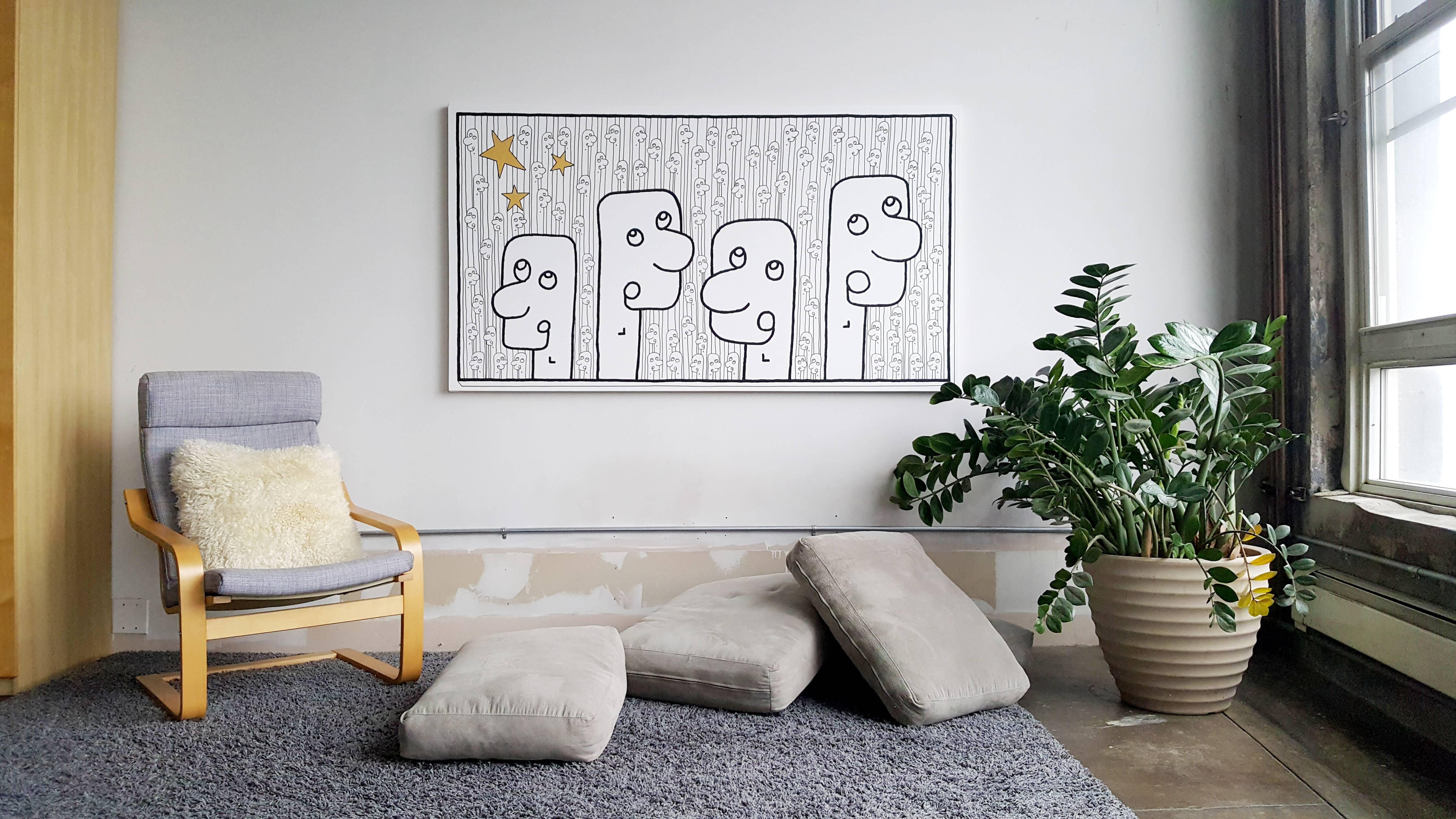 This painting features a series of Mr George's hand-drawn on canvas. Unique contemporary wall art piece, not two are the same. Stamped, dated and signed.
