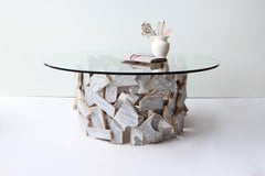 Contemporary Organic Reclaimed Wood Round Coffee Table with Clear Glass Top