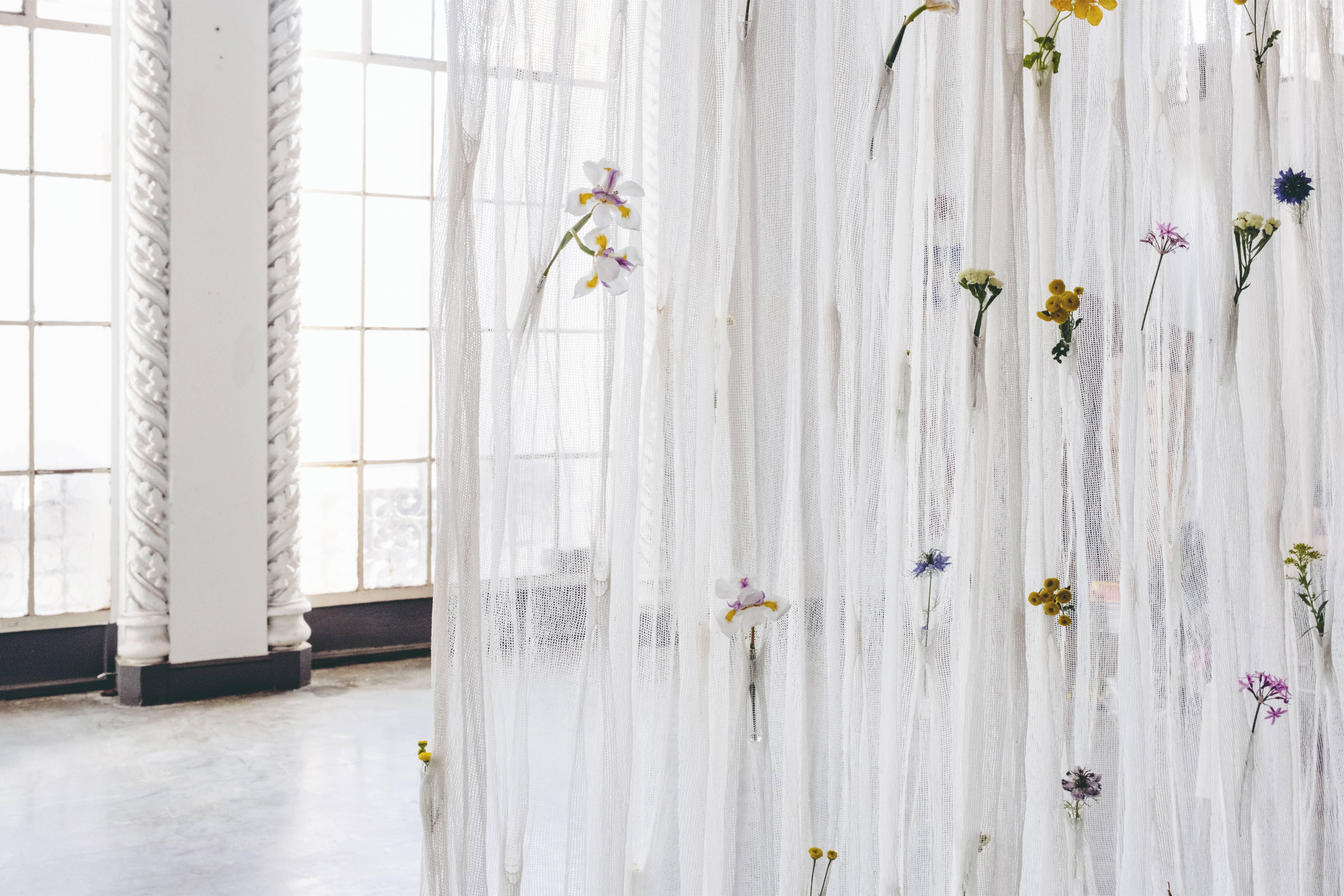 Draped Flowers, Paper Thread Curtain to Hold Fresh Flowers by UMÉ Studio For Sale 1