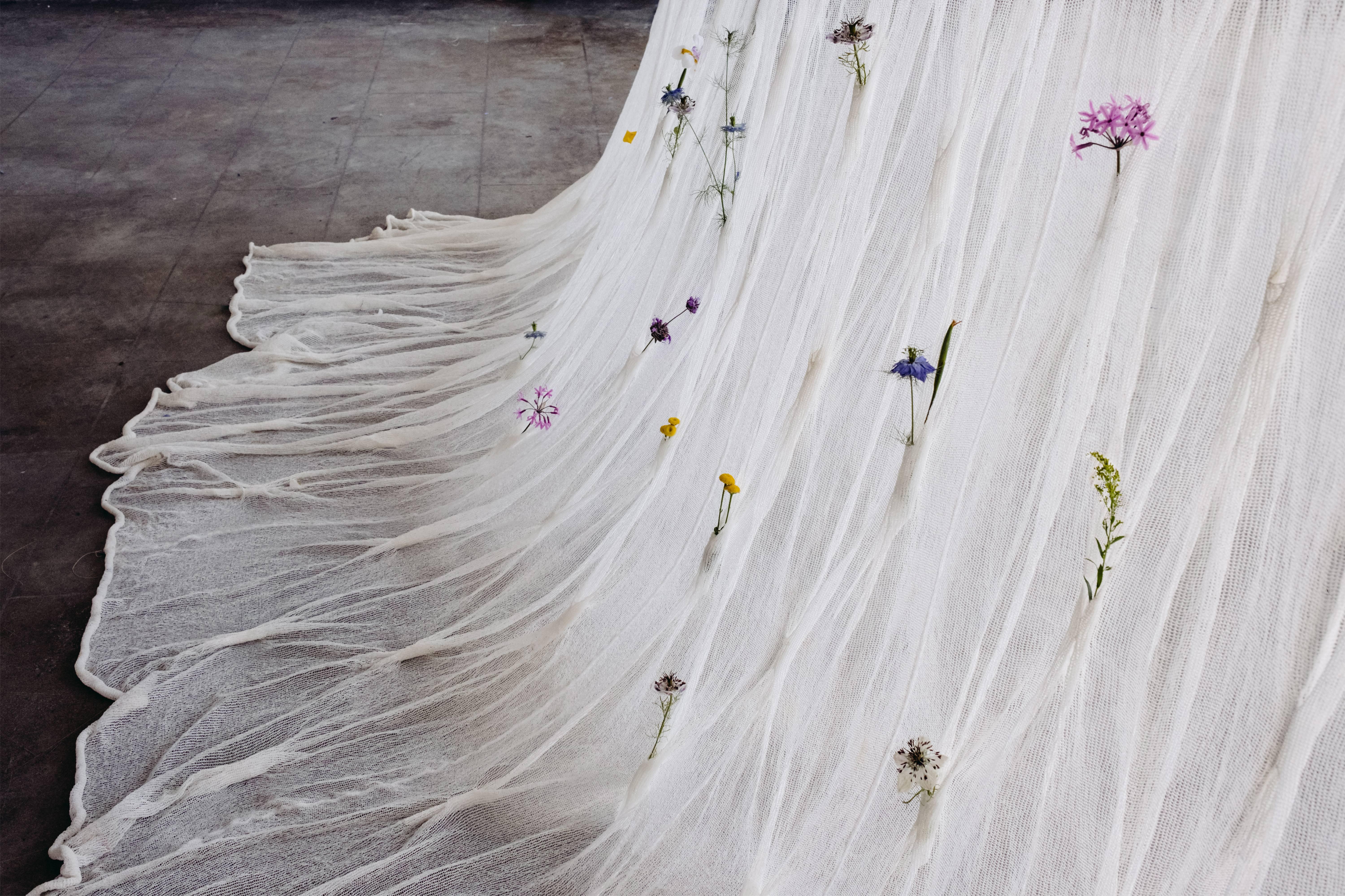 Contemporary Draped Flowers, Paper Thread Curtain to Hold Fresh Flowers by UMÉ Studio For Sale