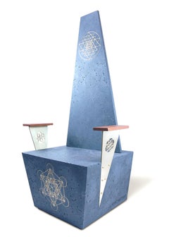 Concrete Throne Chair with Geometric Brass Inlays and Mahogany Armrests