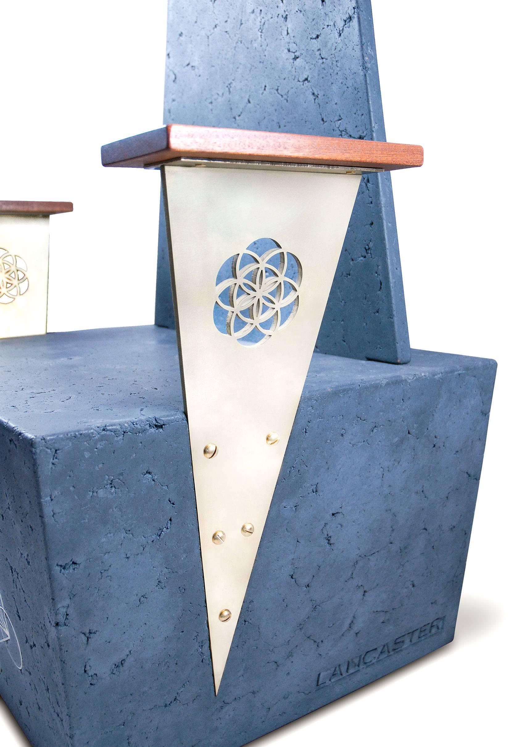 Modern Concrete Throne Chair with Geometric Brass Inlays and Mahogany Armrests For Sale