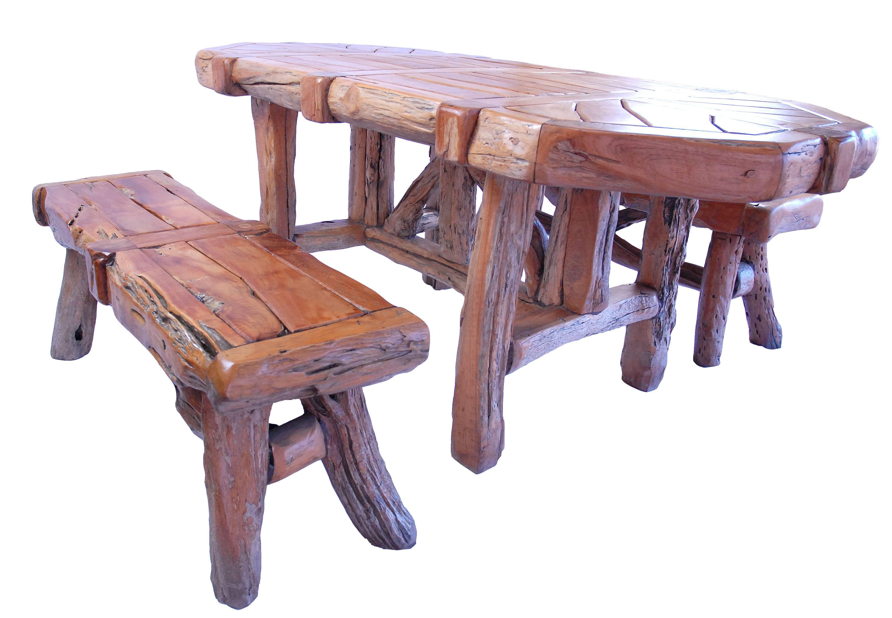 Rustic Teak Dining Table Set with Benches