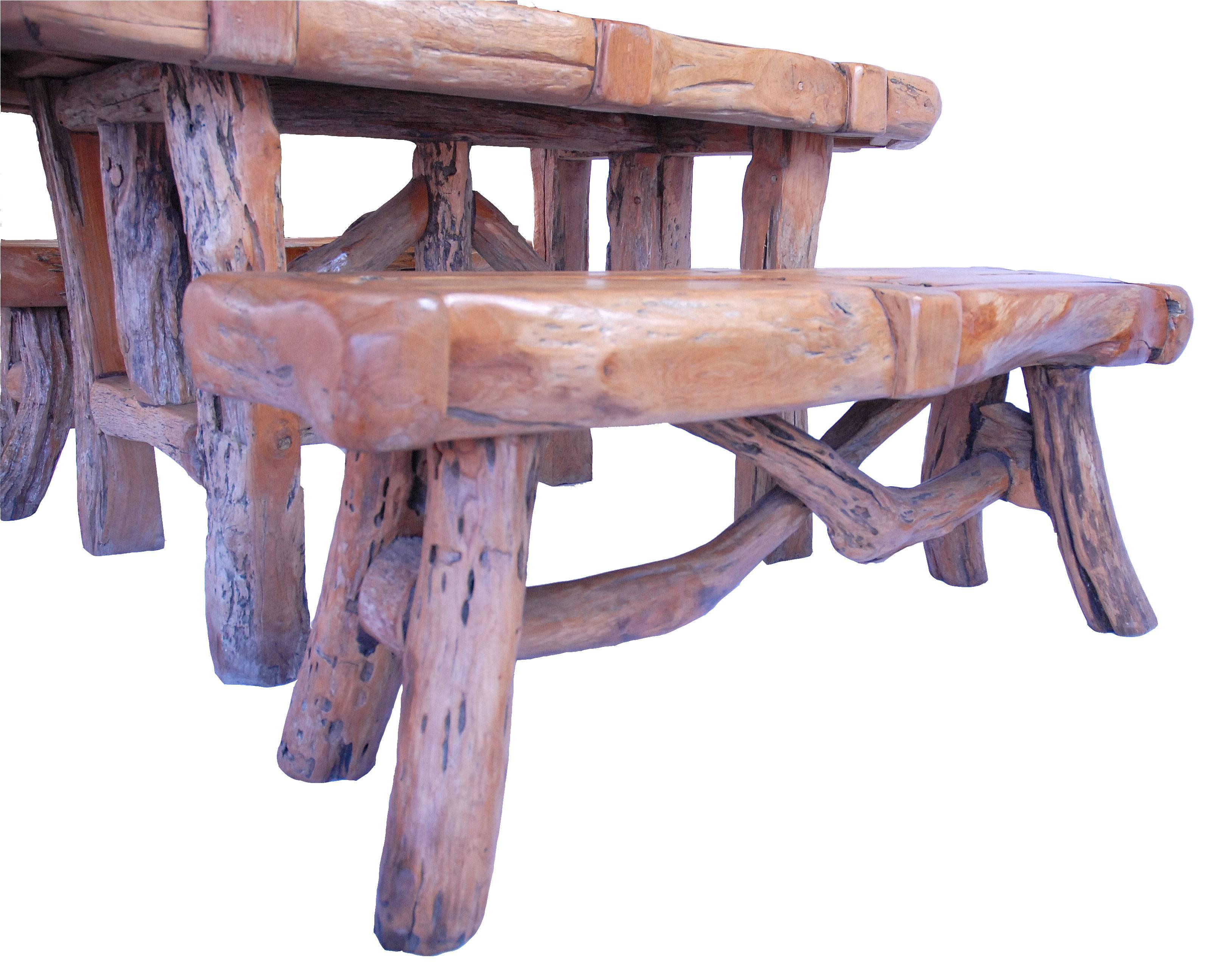 Hand-Carved Teak Dining Table Set with Benches