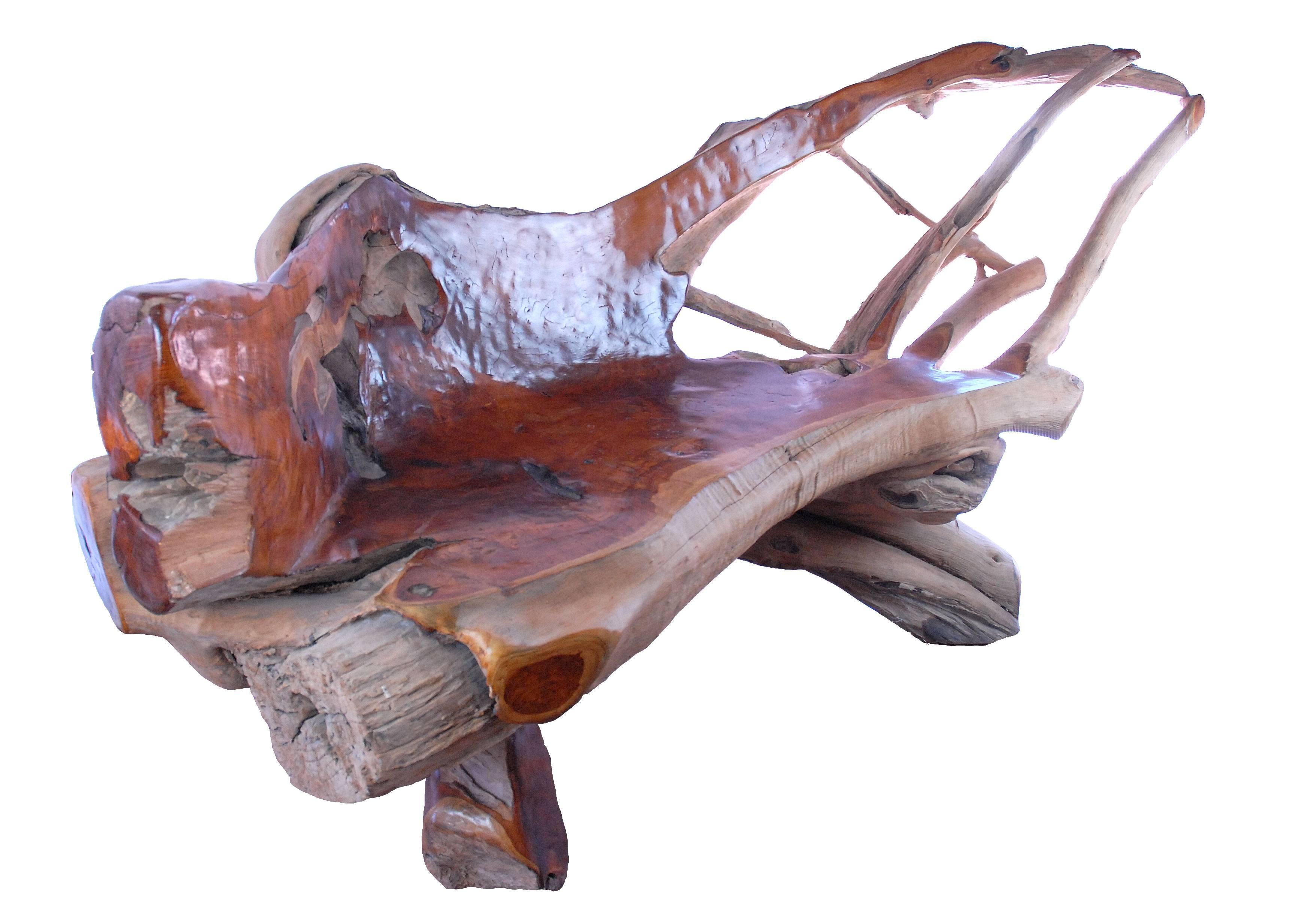 Sustainably harvested teak root bench.