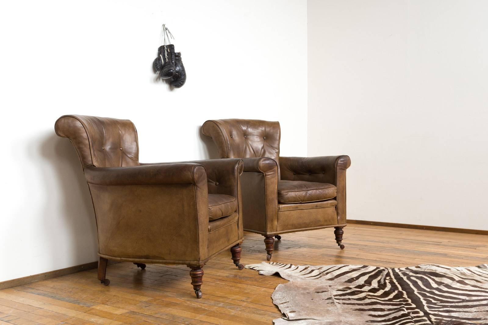 French Vintage Brown Leather Club Chairs, Set of Two