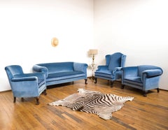 Early 20th Century Four Piece Sofa Set, Blue Velvet on Ball And Claw Feet