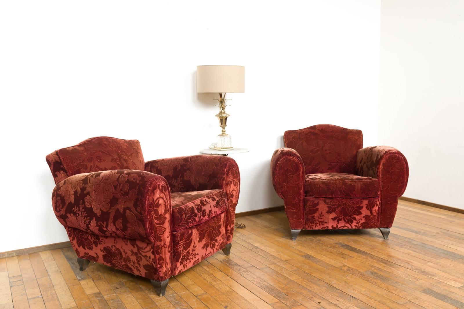 Art Deco Pair of French Red Mohair Velvet Club Chairs with Floral Pattern For Sale