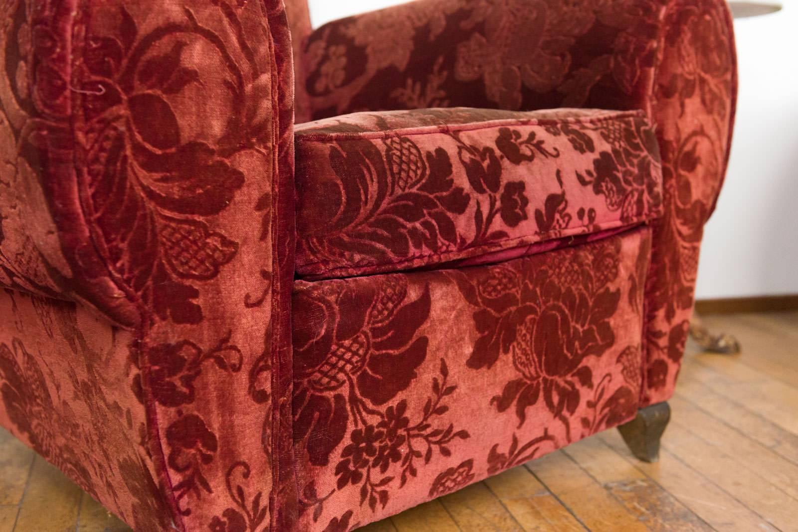 Pair of French Red Mohair Velvet Club Chairs with Floral Pattern For Sale 2