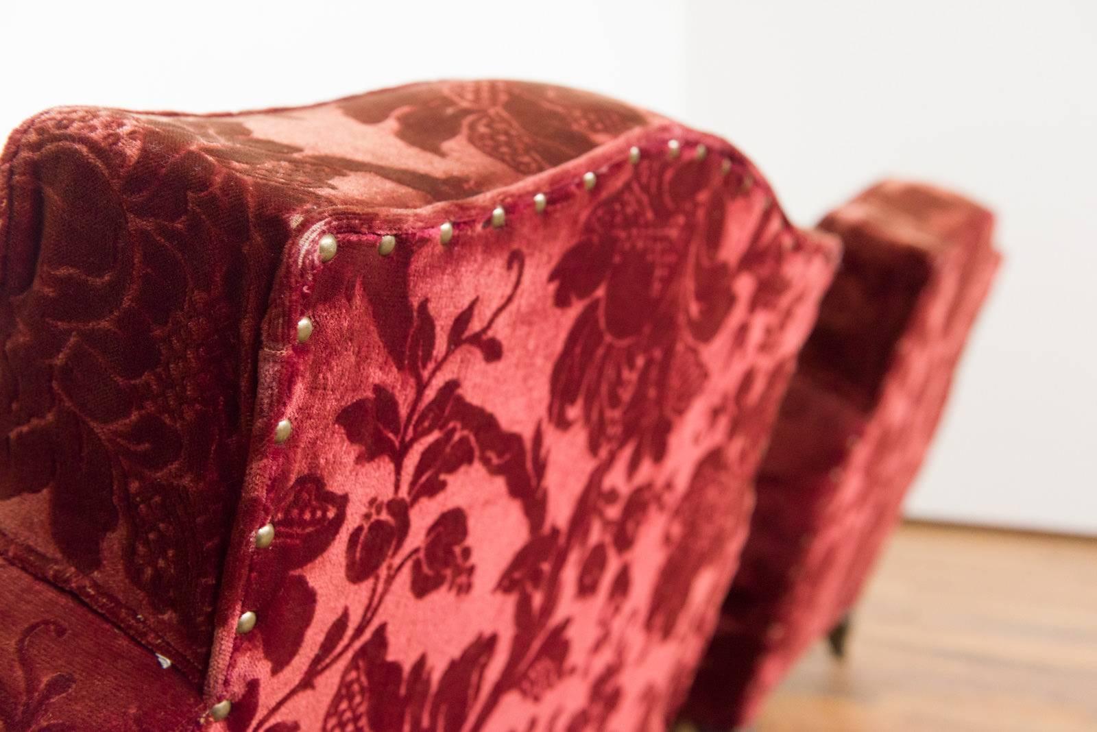 Pair of French Red Mohair Velvet Club Chairs with Floral Pattern For Sale 4