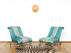 Pair of Two Giltwood Victorian Slipper Chairs in Blue Fabric