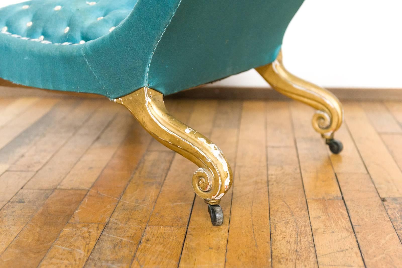 Pair of Two Giltwood Victorian Slipper Chairs in Blue Fabric For Sale 3