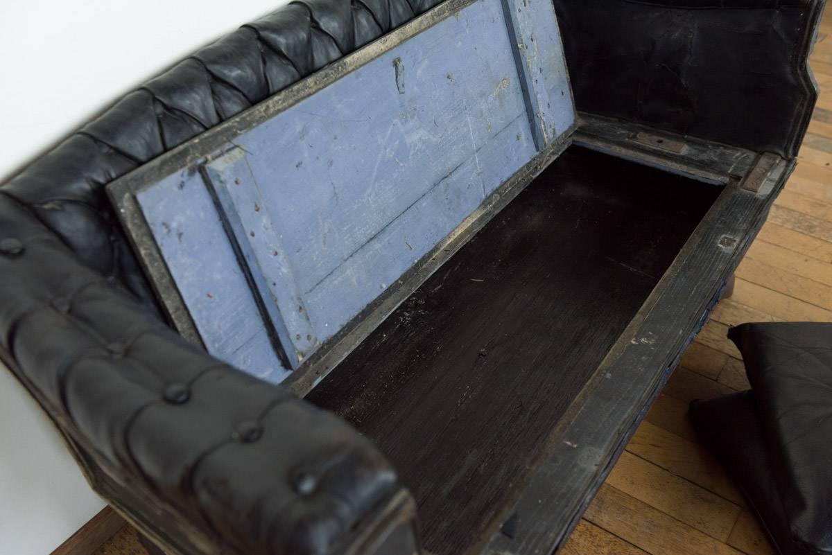 Small Buttoned Black Leather Carriage Sofa on Cast Iron Legs 3
