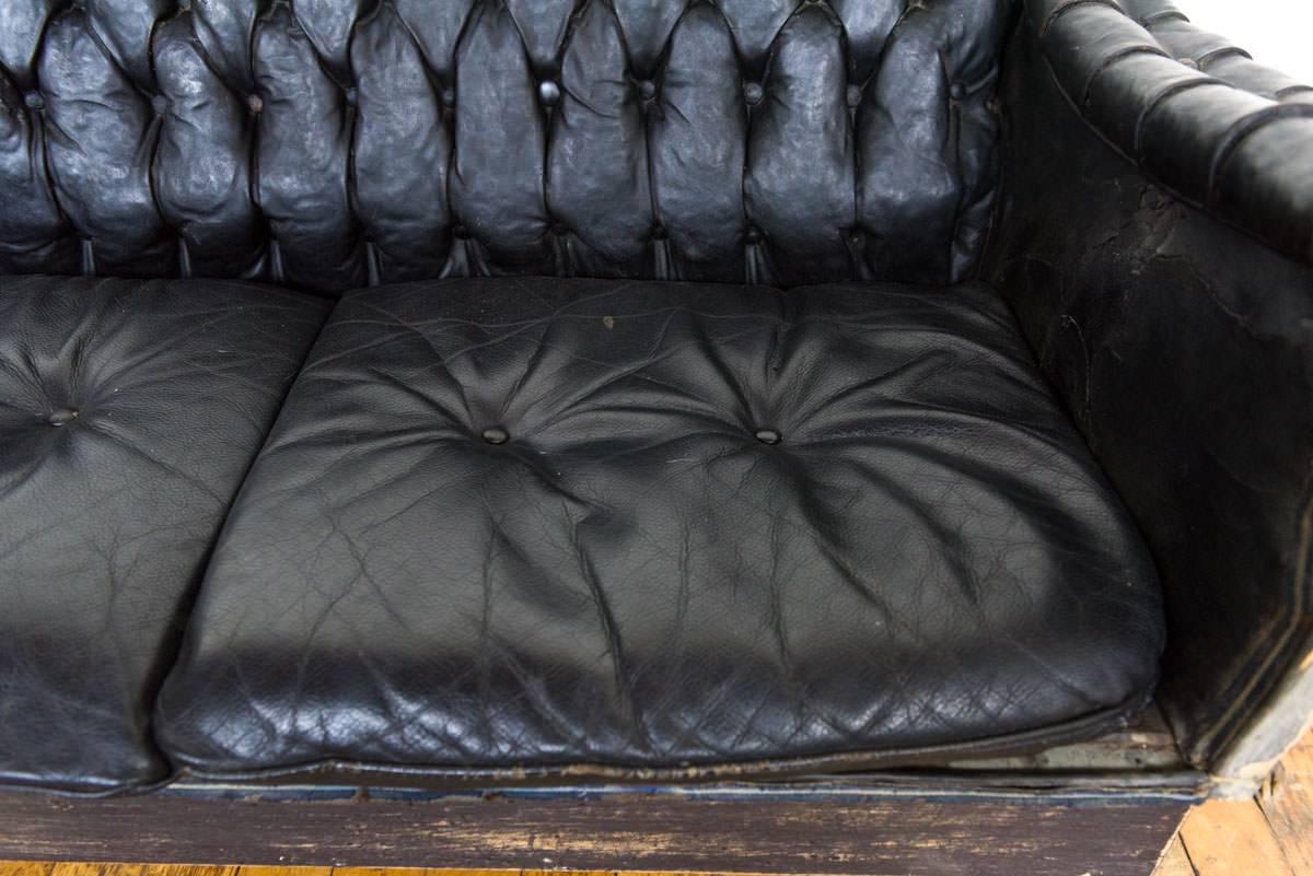 Small Buttoned Black Leather Carriage Sofa on Cast Iron Legs 2