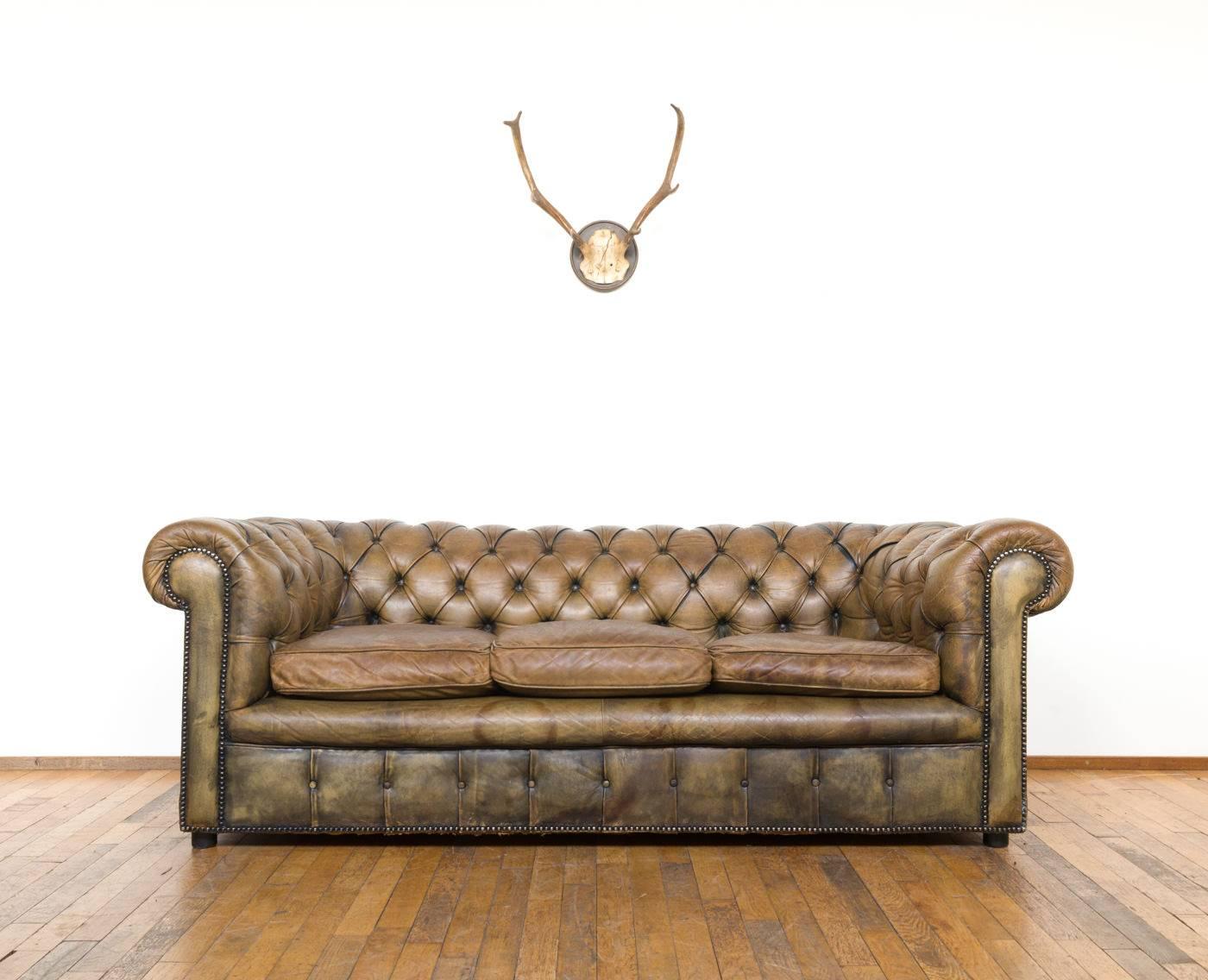 European Vintage 1950s-1960s Chesterfield Sofa in Hand Dyed Tan Olive Green Leather