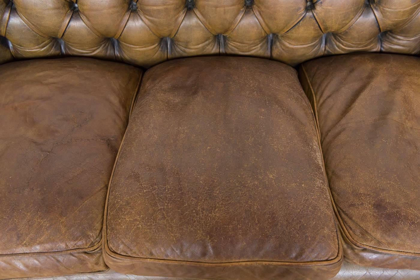 Vintage 1950s-1960s Chesterfield Sofa in Hand Dyed Tan Olive Green Leather 3