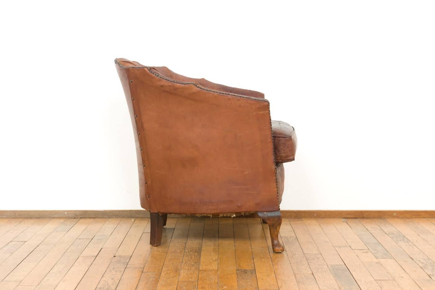 early 20th century French cognac Leather tub Chair  For Sale 1