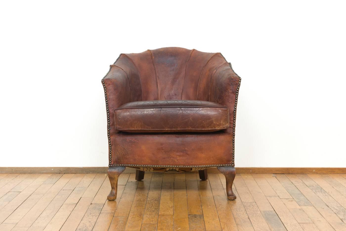 20th Century early 20th century French cognac Leather tub Chair  For Sale