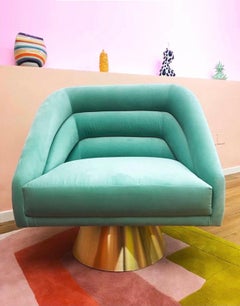 Midcentury Modern Velvet and Brass Chicago Swivel Accent Chair Handcrafted