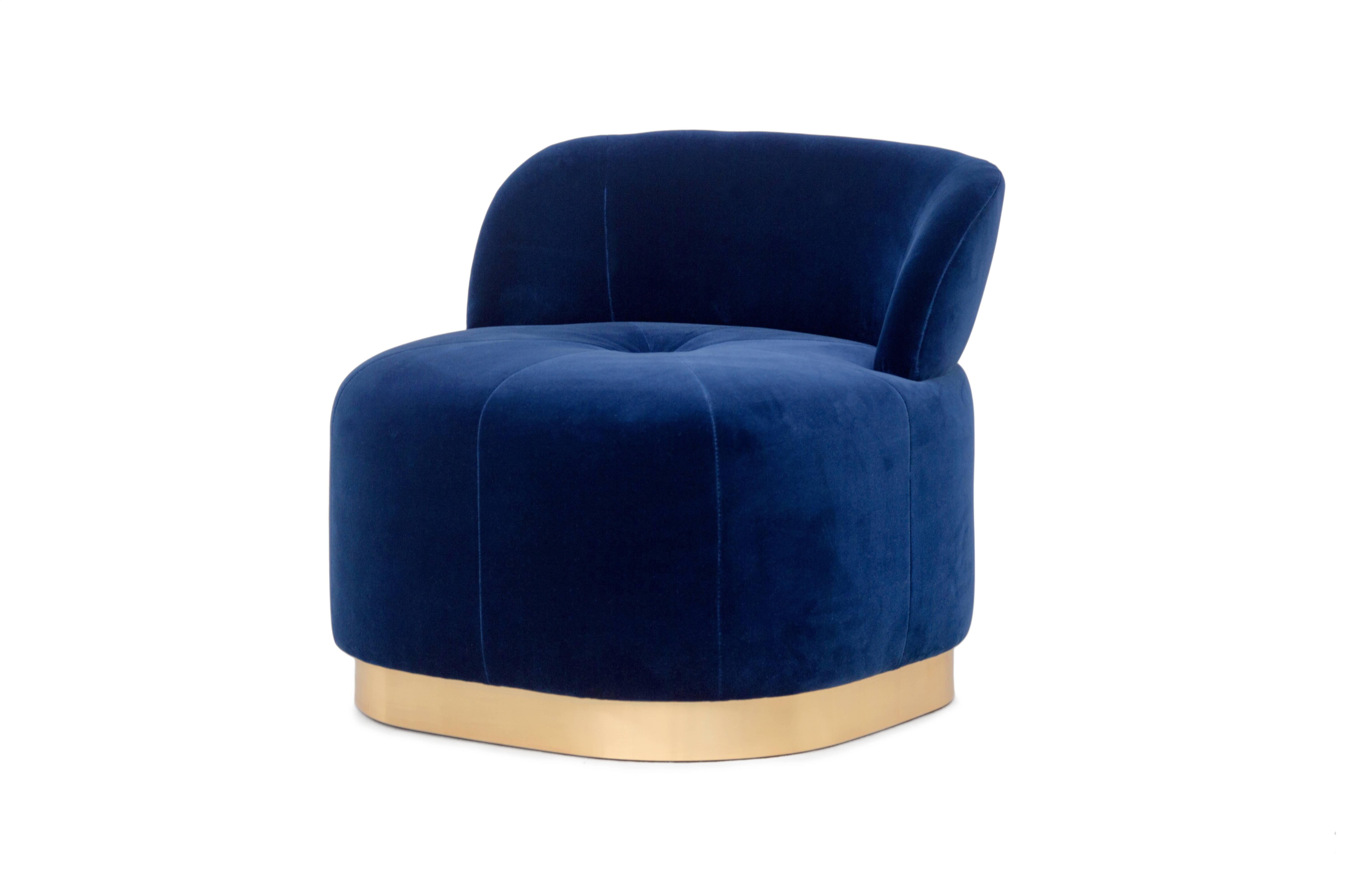 Polished Midcentury Modern Navy Velvet and Brass Majestic Chair Handcrafted and Custom For Sale