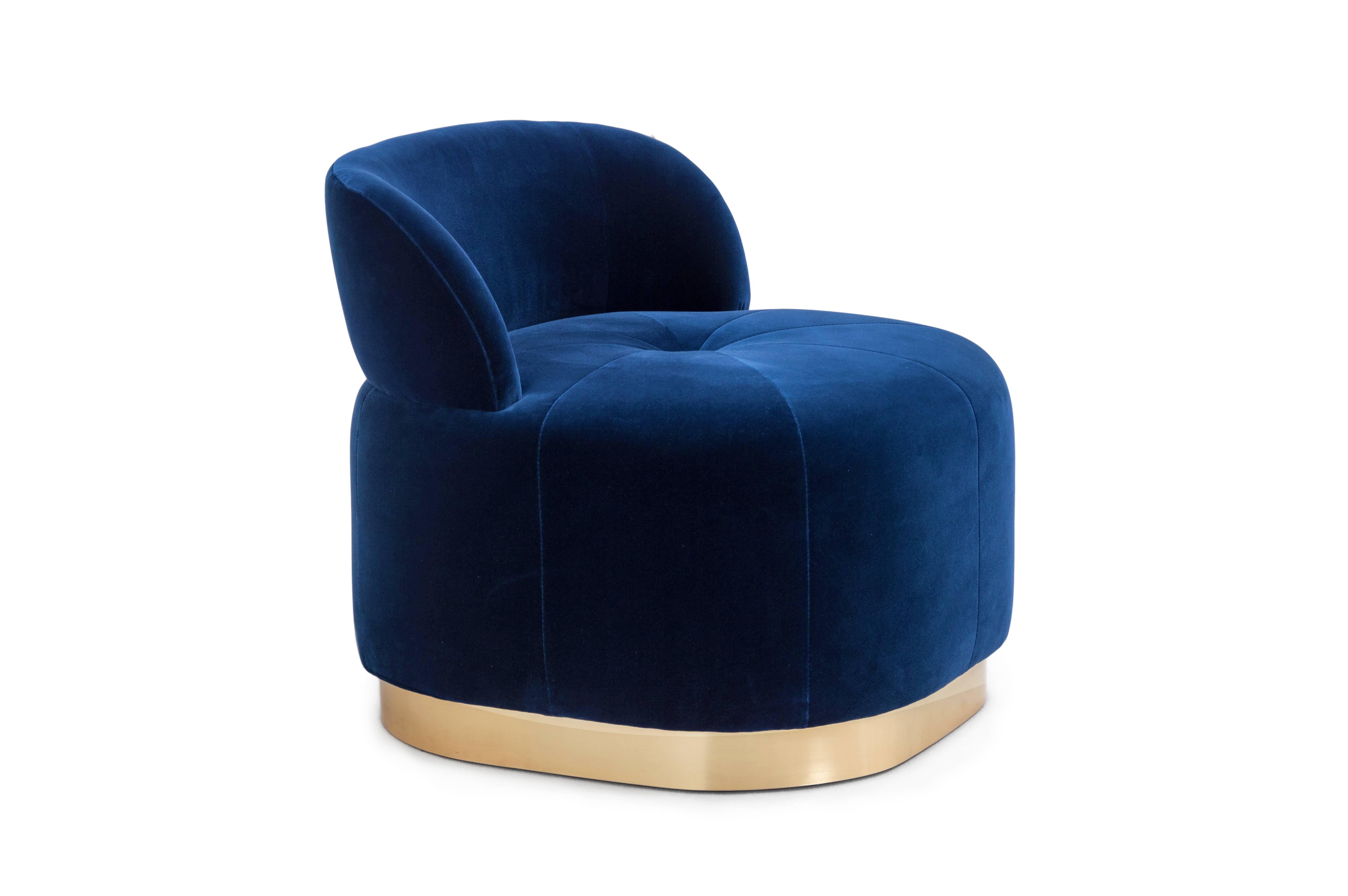 Contemporary Midcentury Modern Navy Velvet and Brass Majestic Chair Handcrafted and Custom For Sale