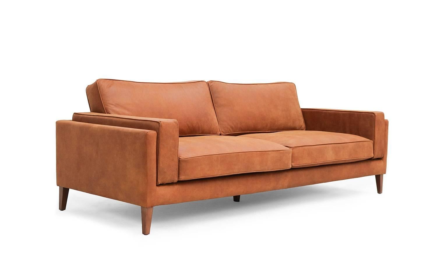 Danish Midcentury Modern Three-Seat Cognac Leather Coyoacan Sofa Handmade Custom For Sale 1