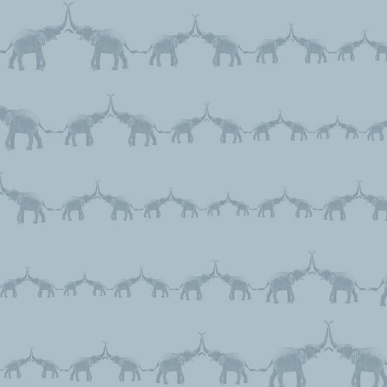 Hand-Screened Baby Elephant Walk Wallpaper in Petite Nuage Colorway For Sale