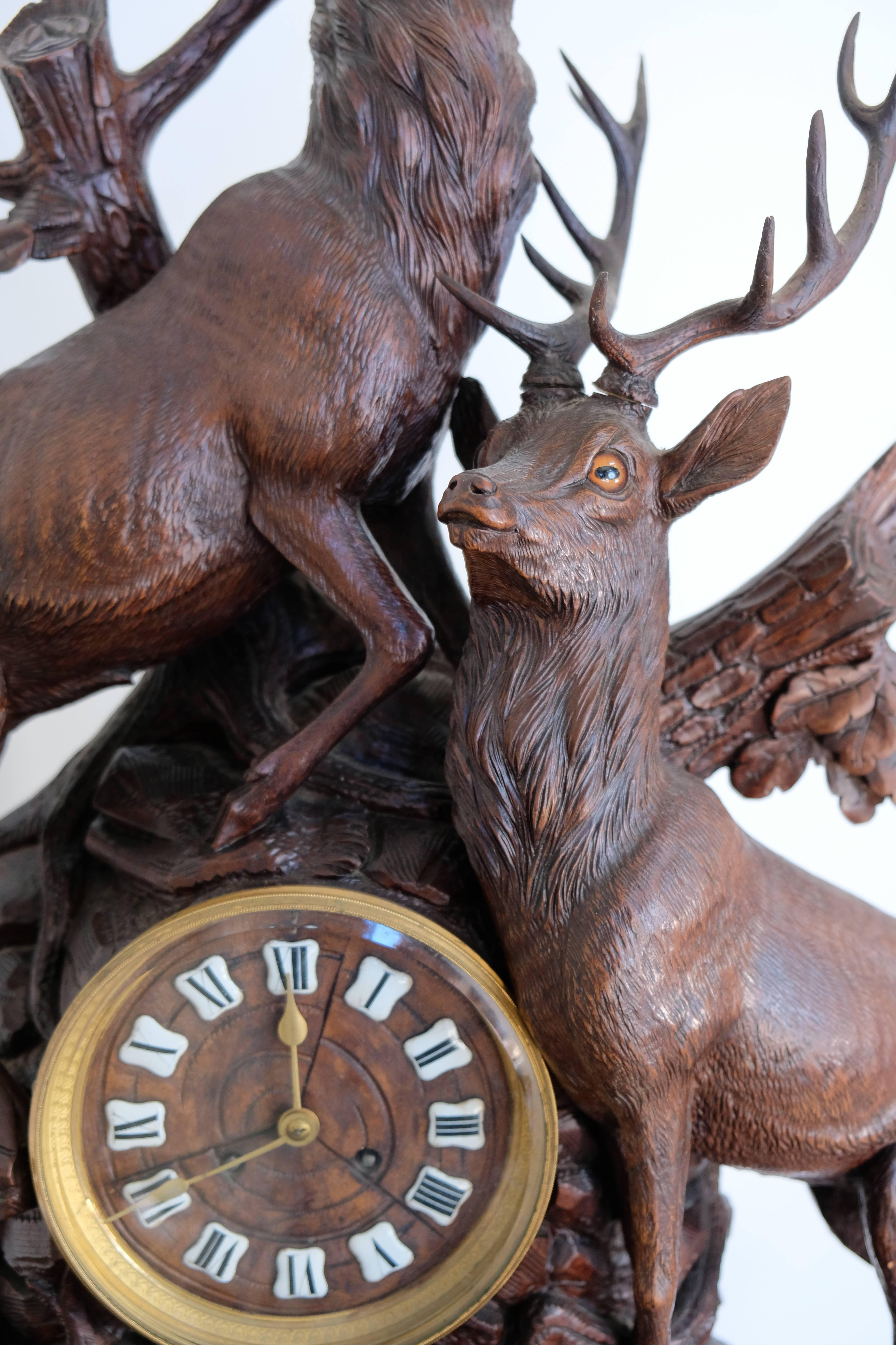 19th Century Three-Piece Large Black Forest Stag Clock