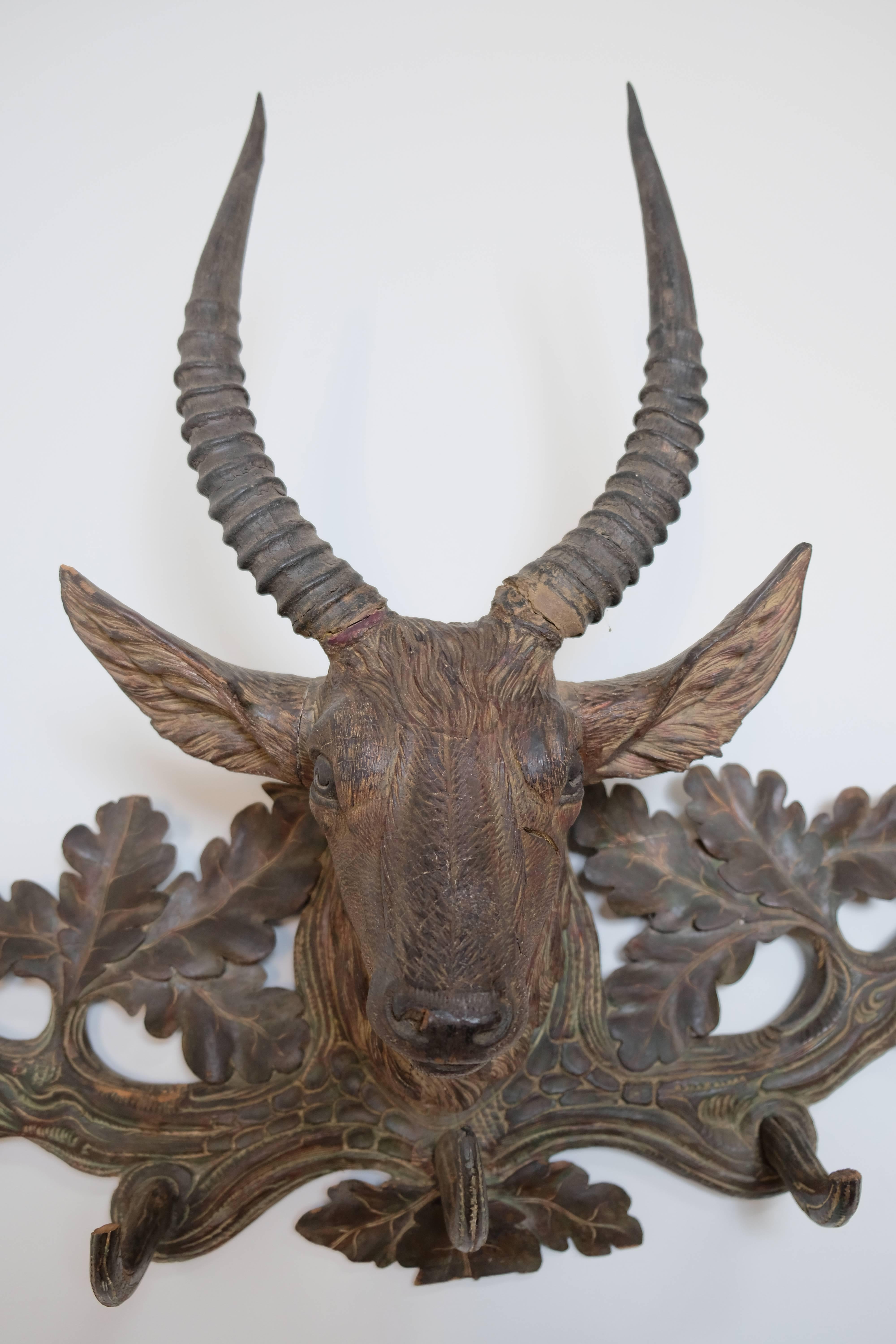 Carved Ibex Coat Rack, Black Forest In Good Condition For Sale In La Grange, TX