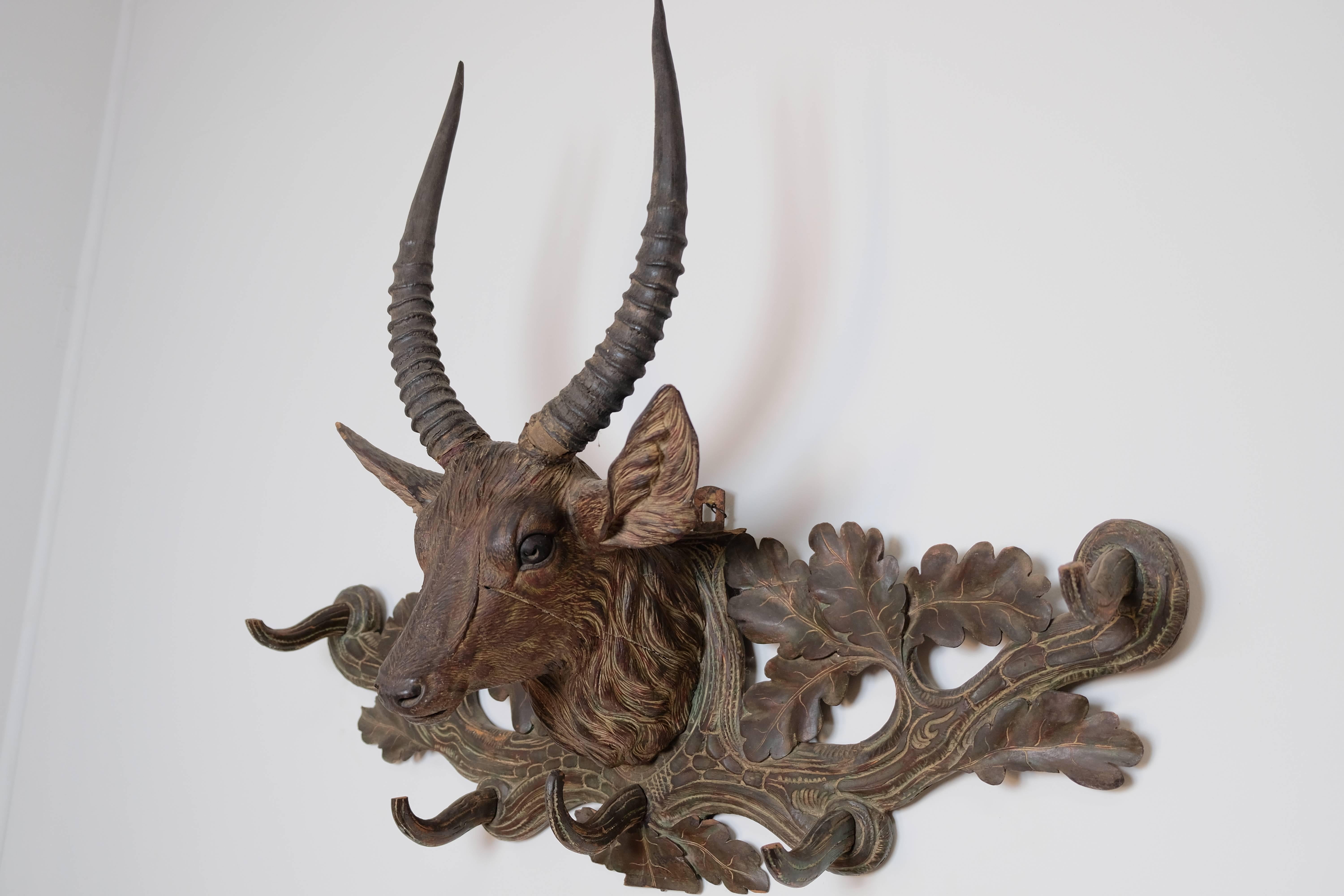 Swiss Carved Ibex Coat Rack, Black Forest For Sale