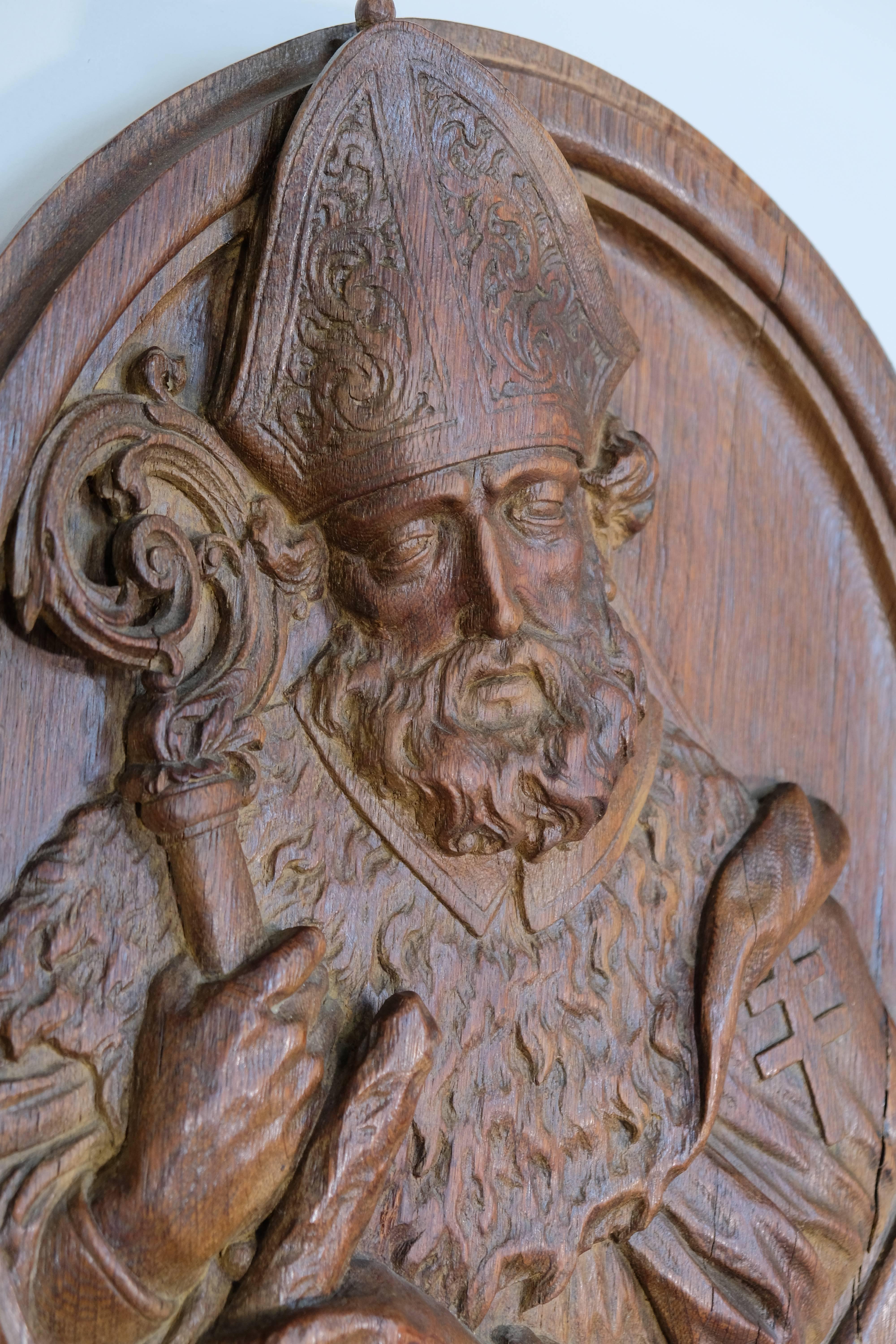 Religious carving of St. James. Carved in oak, Late 1800s, France.