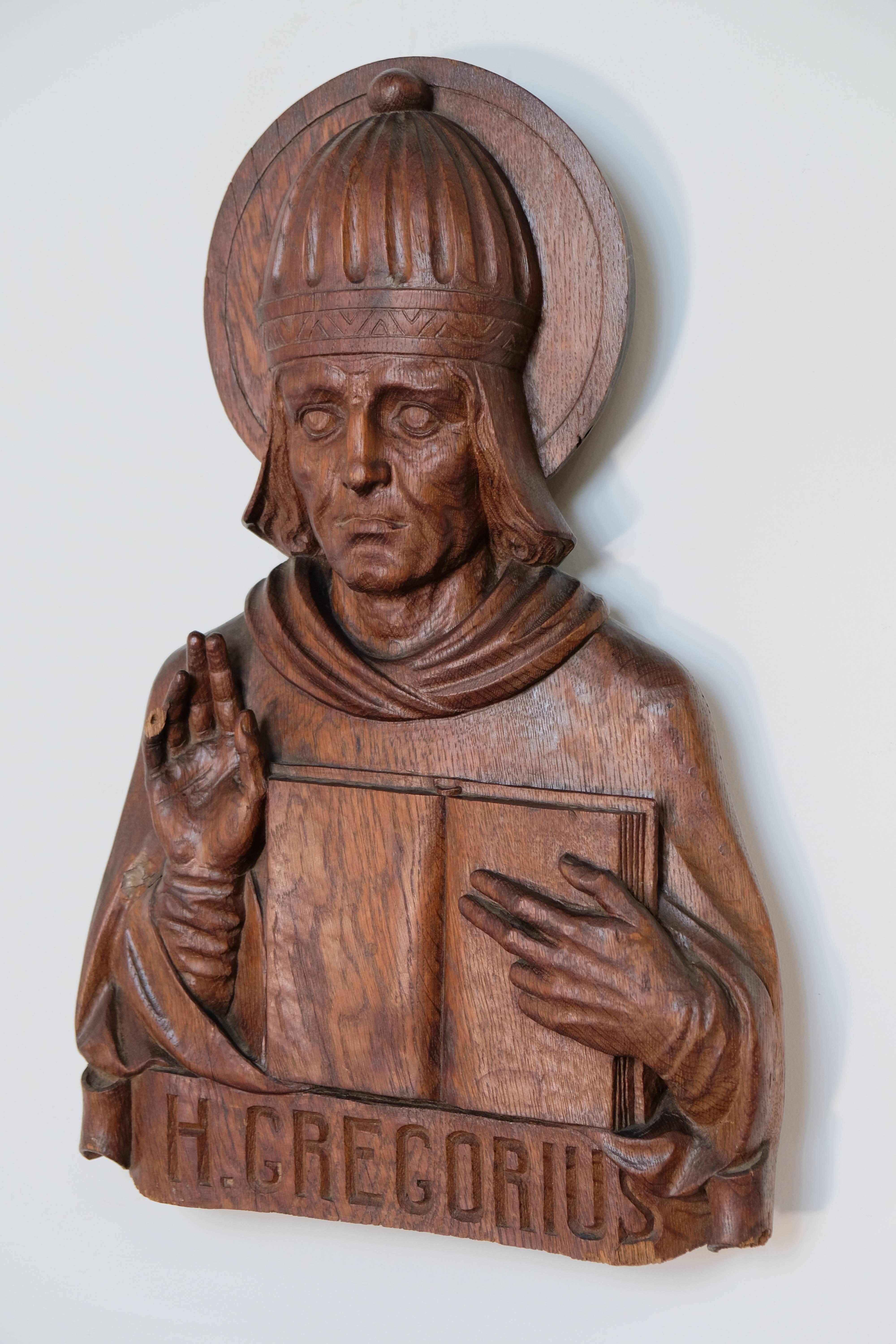Religious carving of Pope St. Gregory. Carved in oak. Late 1800s, France.