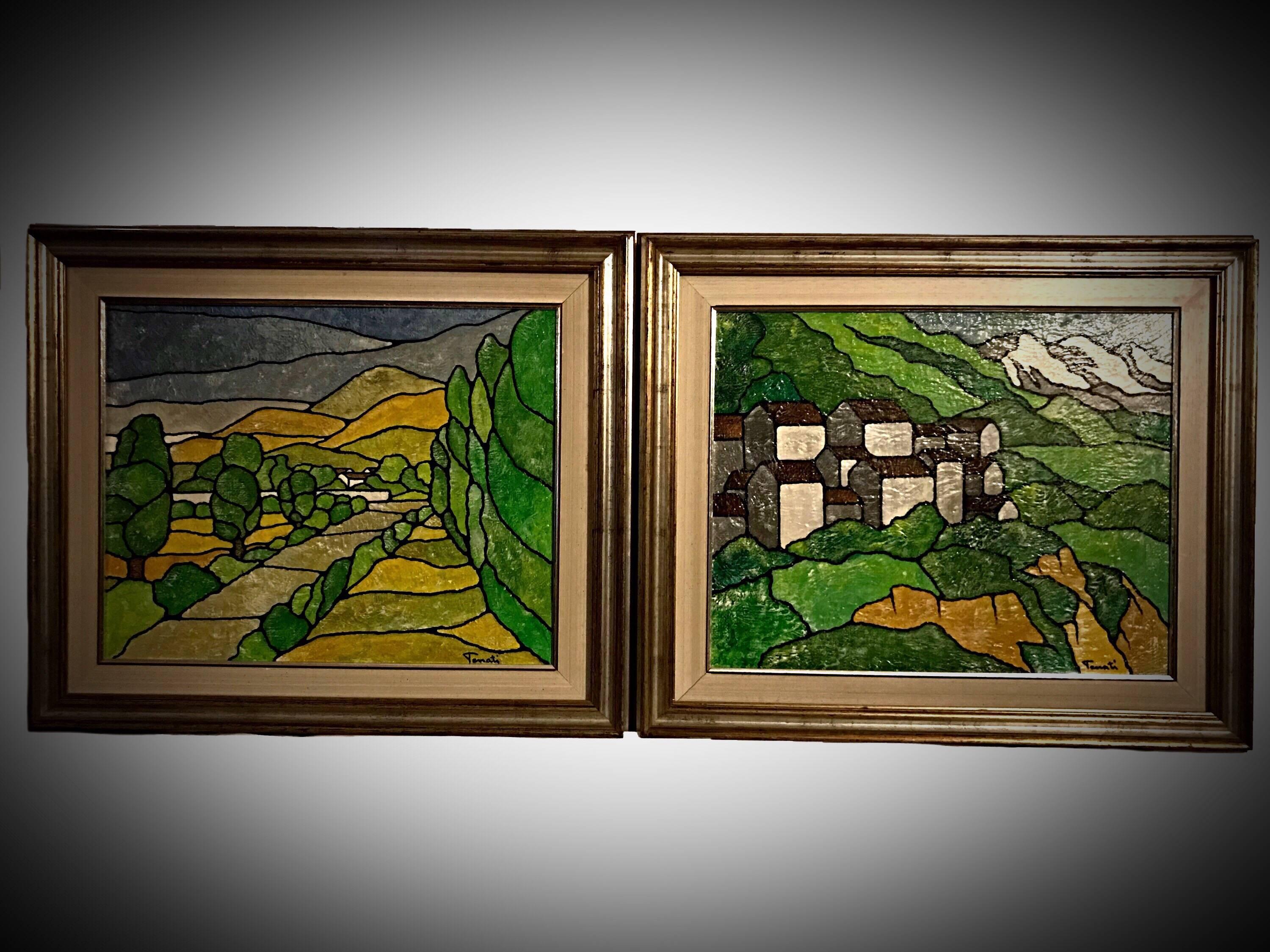 Pair of Acrylic Landscape Paintings by Italian Artist ‘Tenati’ In Good Condition For Sale In Keyston, GB