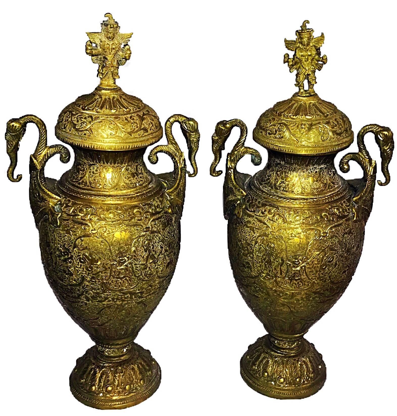 Large Pair of 19th Century Brass Lidded Indian Deity Vase or Urns For Sale