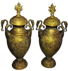 Large Pair of 19th Century Brass Lidded Indian Deity Vase or Urns