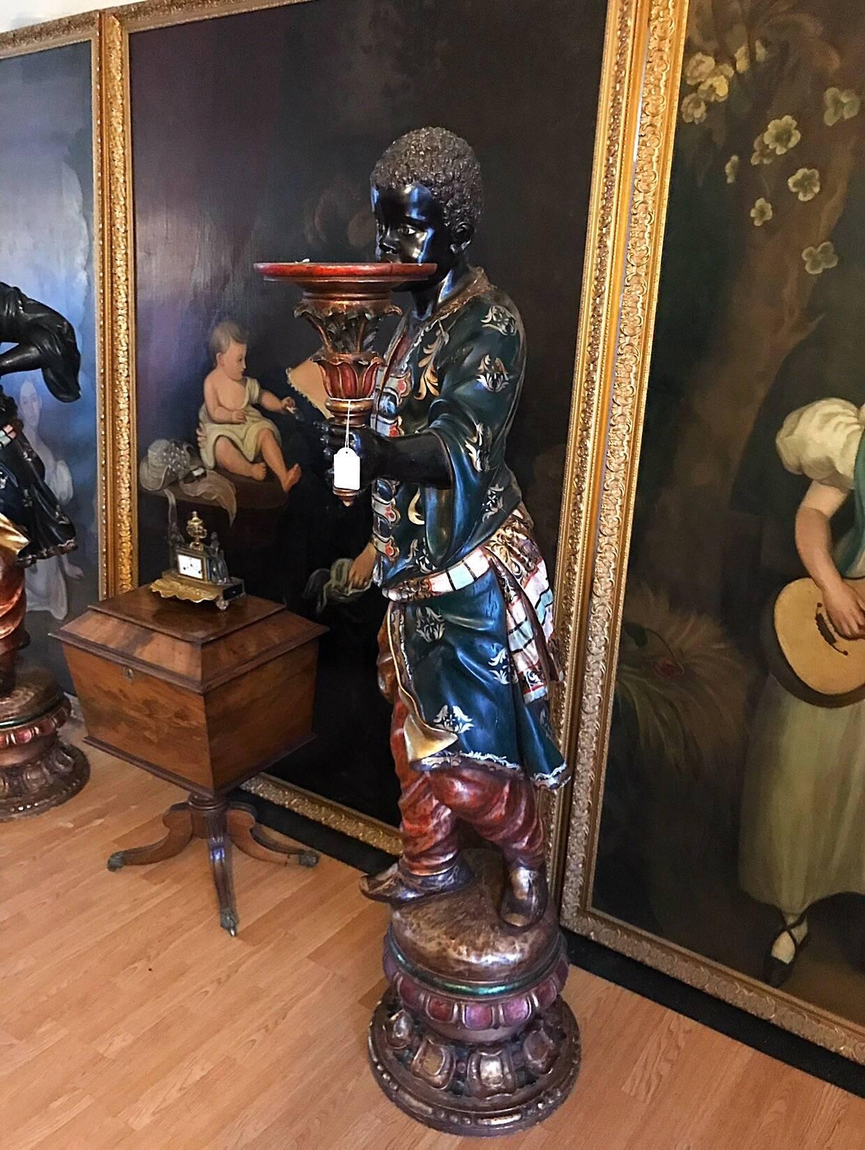Neoclassical Fine Pair of 19th Century Carved Wood Venetian Blackamoor Torchere Stands For Sale