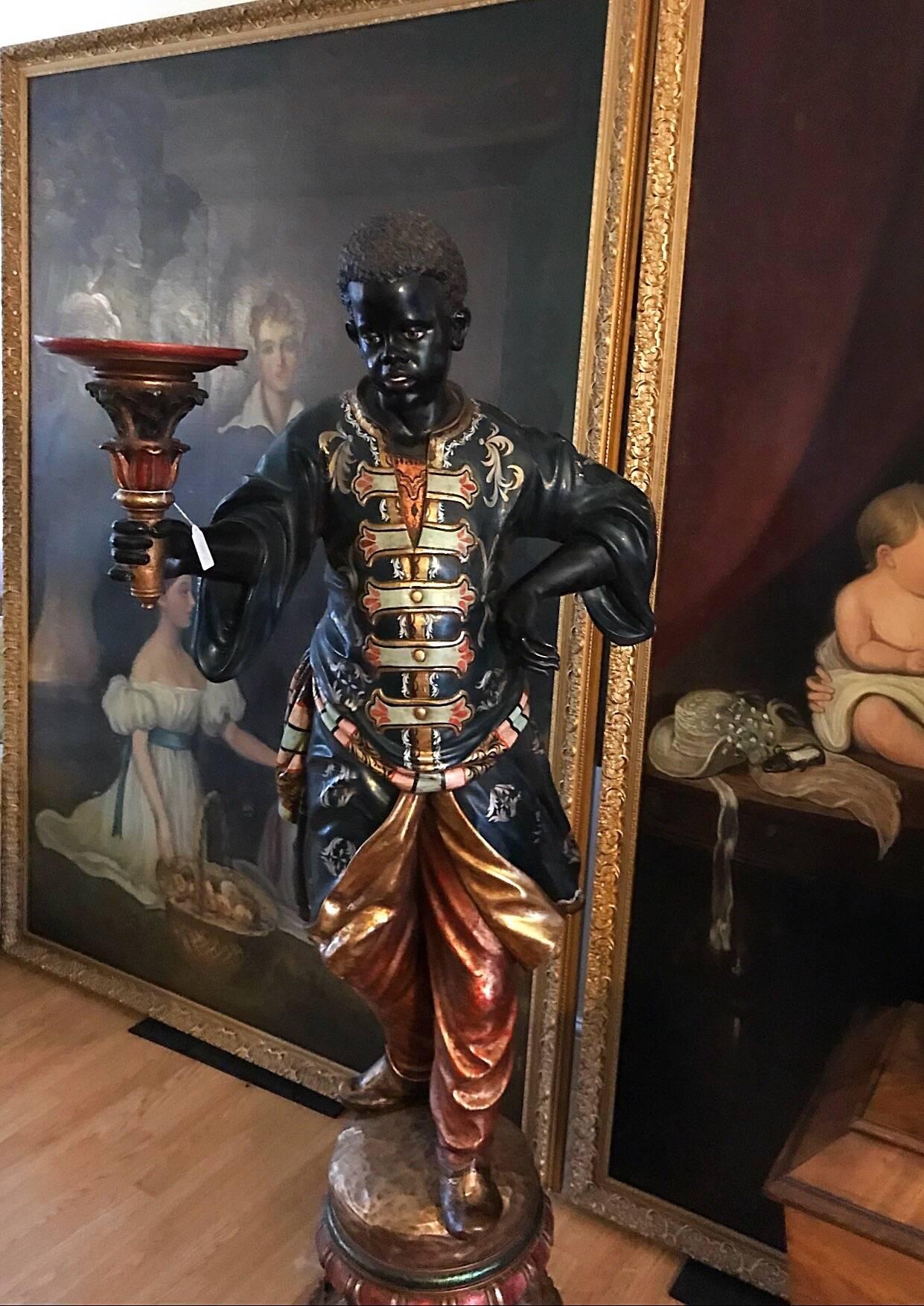 Italian Fine Pair of 19th Century Carved Wood Venetian Blackamoor Torchere Stands For Sale