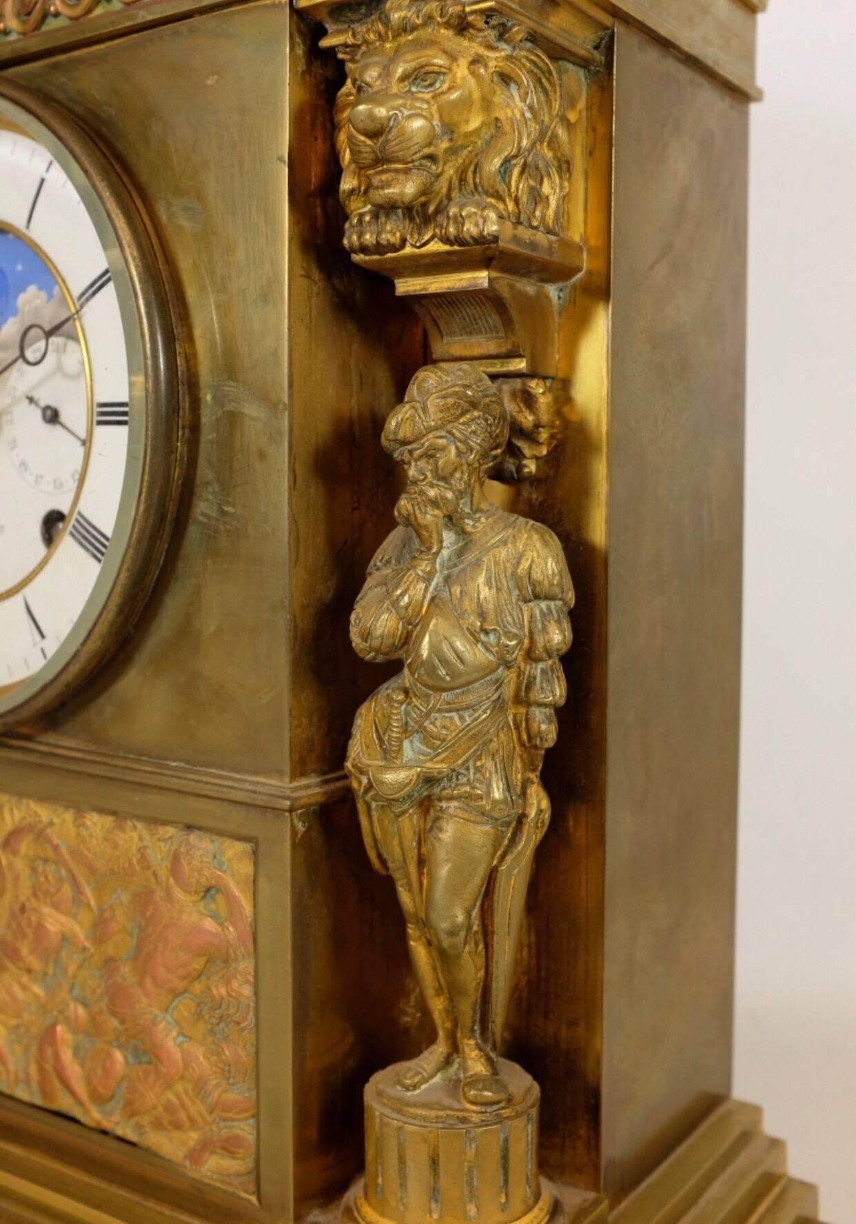 Brass Achille Brocot and Delettrez Neoclassical Perpetual Calendar Clock Garniture Set For Sale