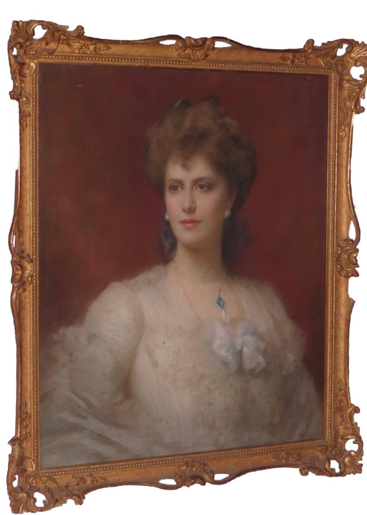 The Hon Mrs George Keppel by Ellis William Roberts (1860-1930)
Measures sight size: 75 cm x 61 cm.

Alice Keppel-
The favourite mistress of HRH King Edward VII, and the great grandmother of HRH the Duchess of Cornwall (formerly Camilla Parker