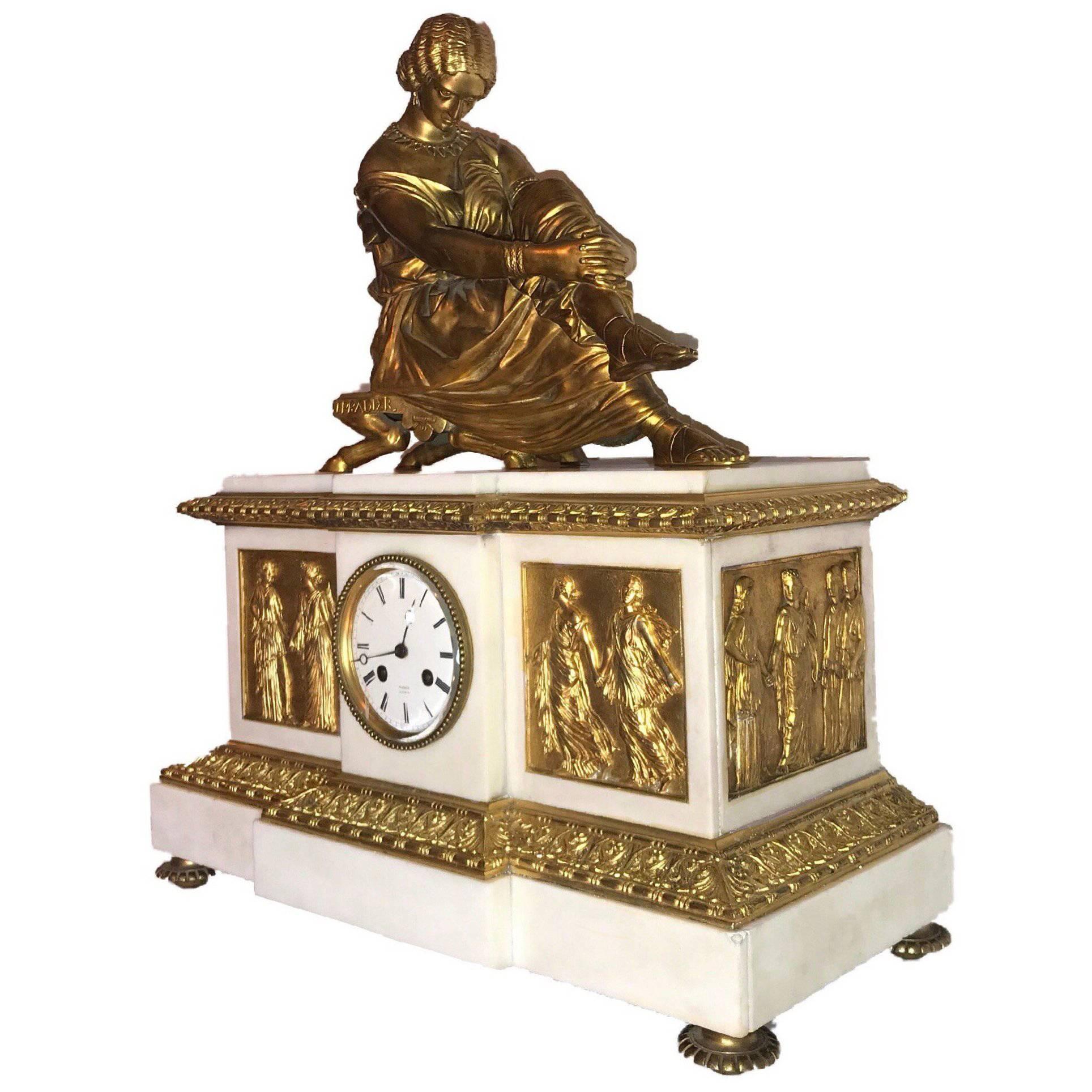Napoleon III Gilt Bronze Clock by Henri Picard with Gilt Sappho by Jean Pradier For Sale