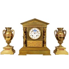 Antique Achille Brocot and Delettrez Neoclassical Perpetual Calendar Clock Garniture Set