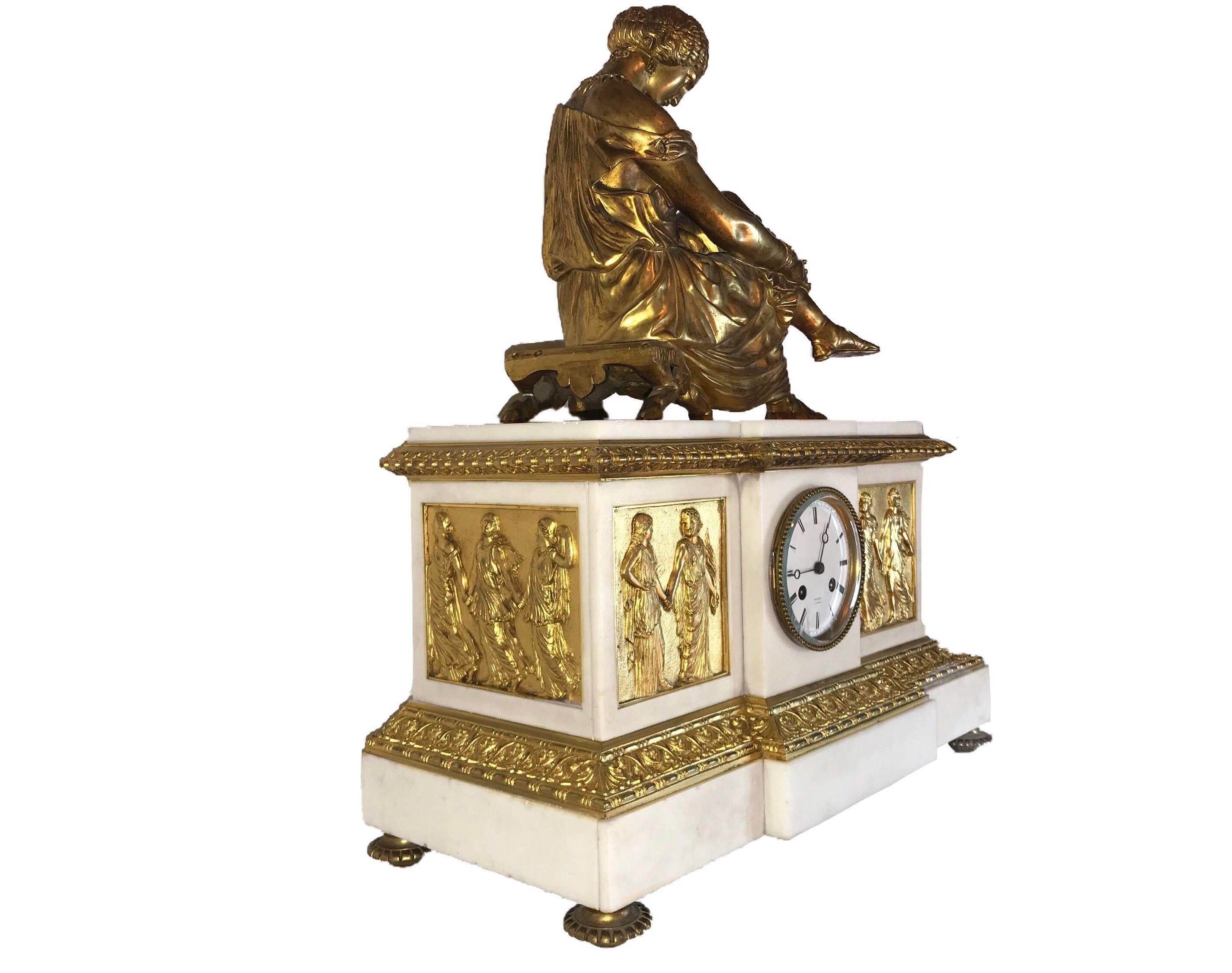 French Napoleon III Gilt Bronze Clock by Henri Picard with Gilt Sappho by Jean Pradier For Sale
