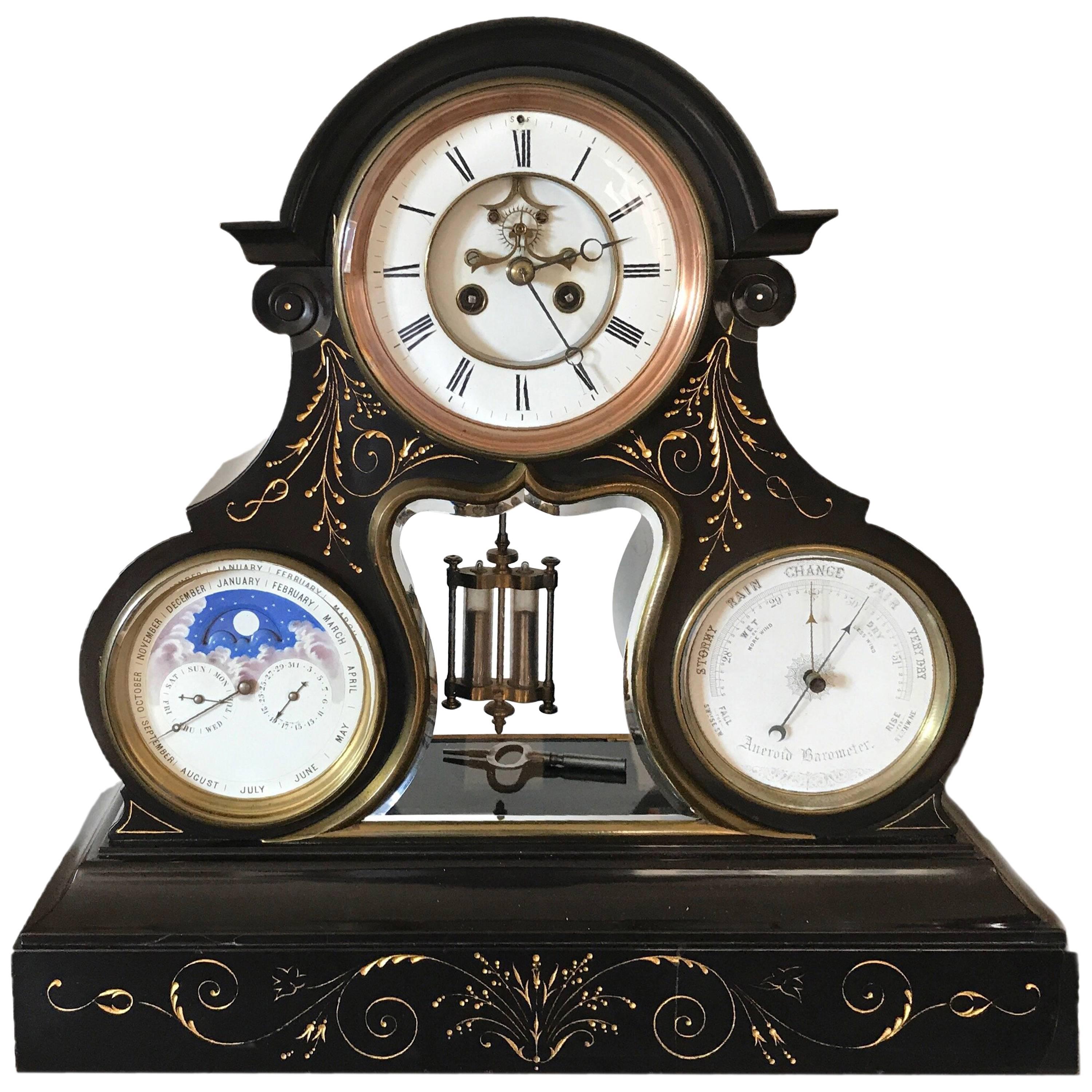 French Brocot Escapement Perpetual Calendar Clock with Moon Phase and Barometer For Sale