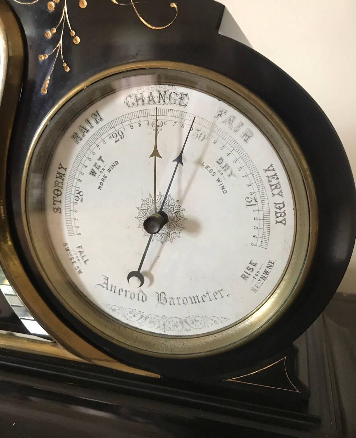 Blackened French Brocot Escapement Perpetual Calendar Clock with Moon Phase and Barometer For Sale