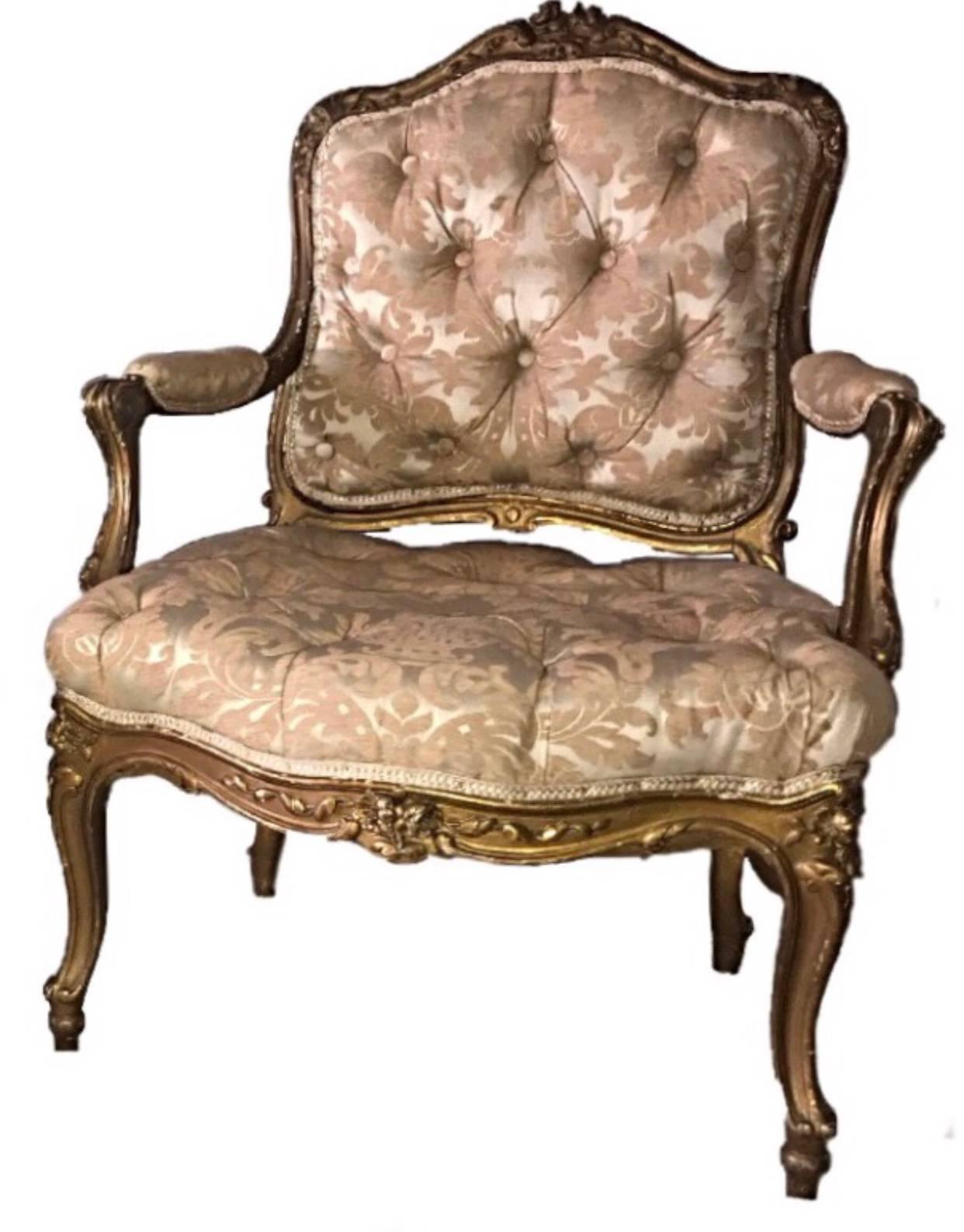 Carved Pair of 19th Century French Giltwood Fauteuil Chairs For Sale